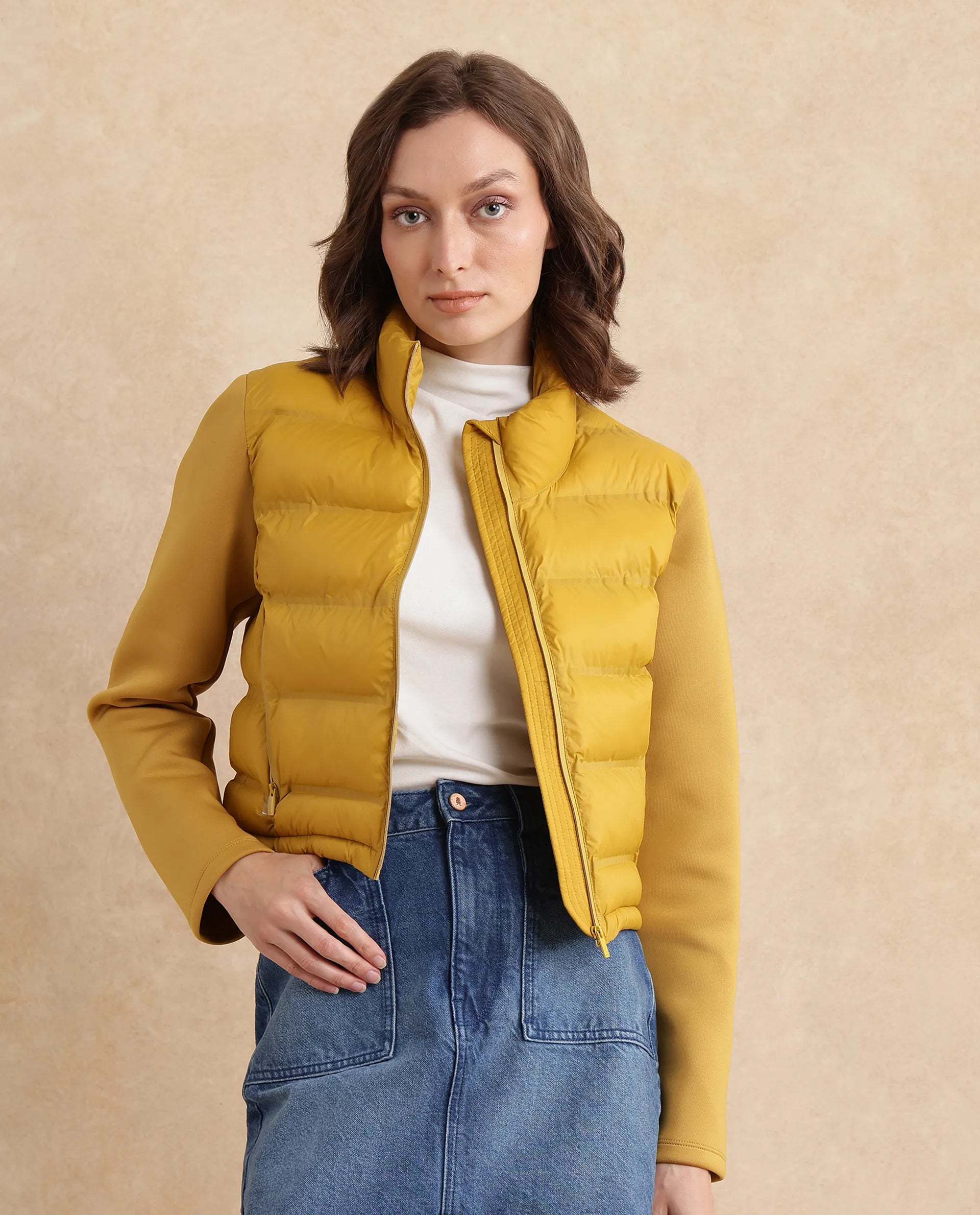 Rareism Women Zarcro Yellow Full Sleeve Stand Collar Zipper Closure Plain Jacket