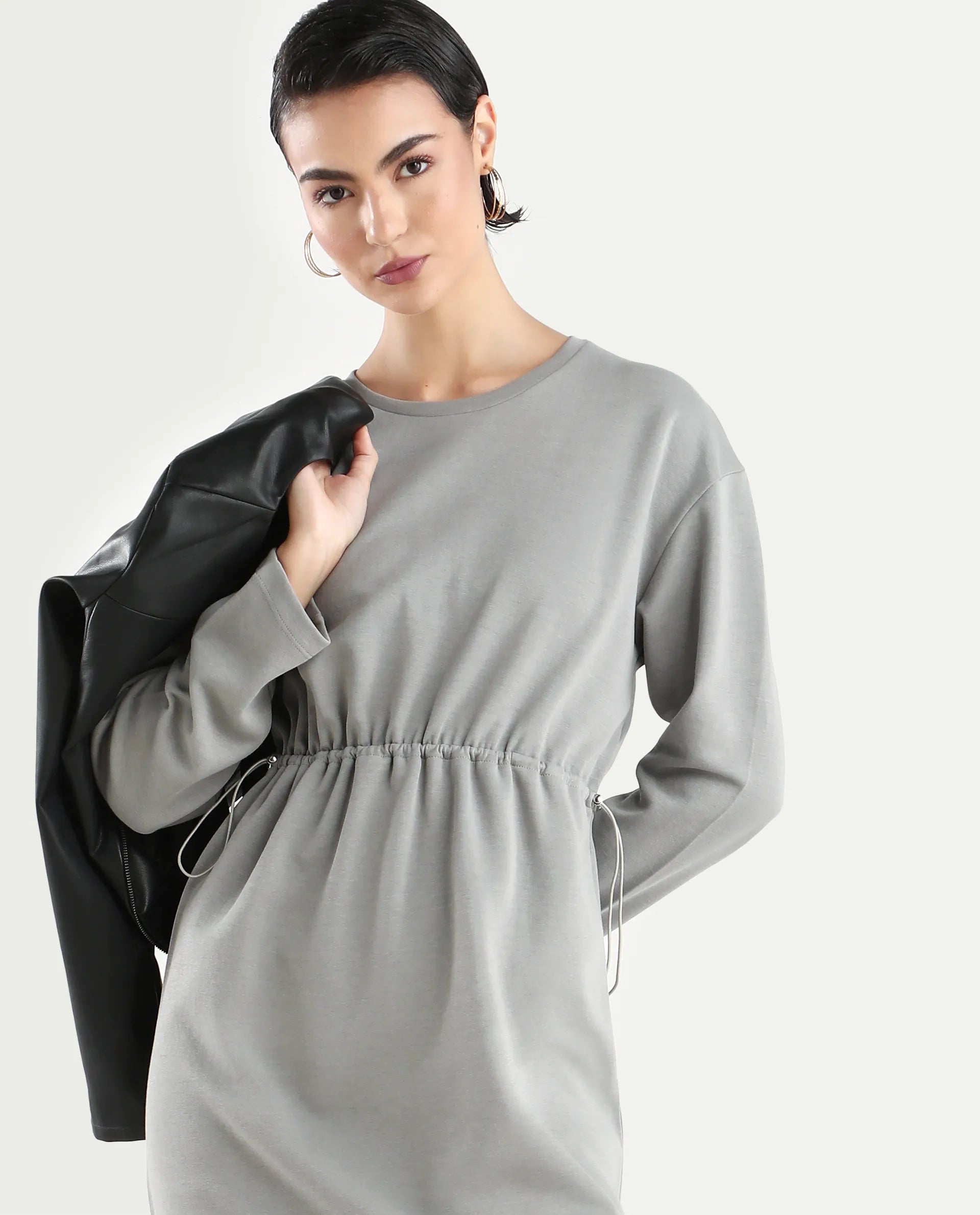 Rareism Women's Zarene Grey Cotton Blend Crew Neck Plain Maxi Regular Fit Dress