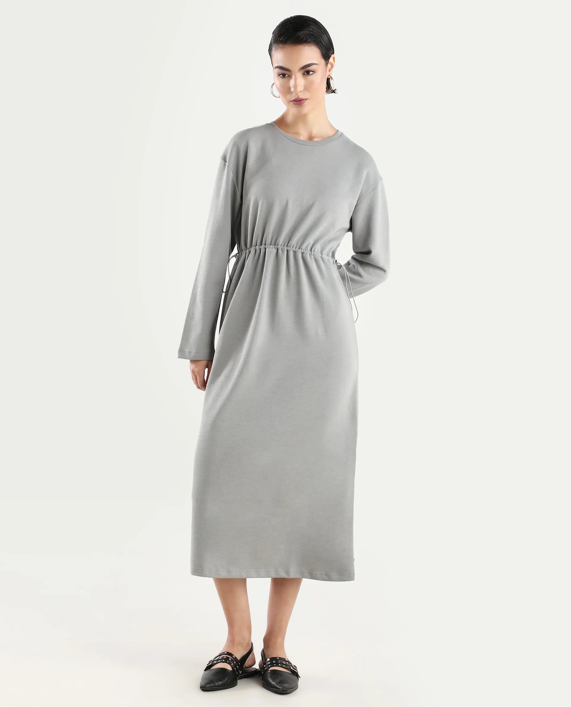 Rareism Women's Zarene Grey Cotton Blend Crew Neck Plain Maxi Regular Fit Dress