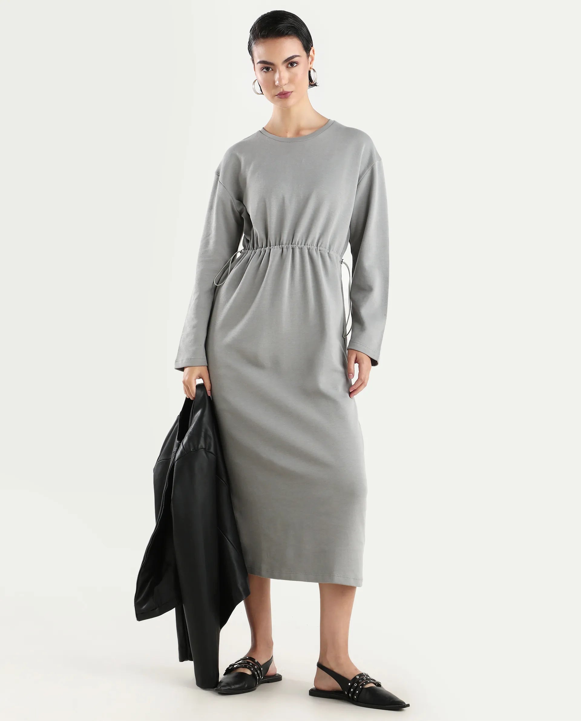 Rareism Women's Zarene Grey Cotton Blend Crew Neck Plain Maxi Regular Fit Dress