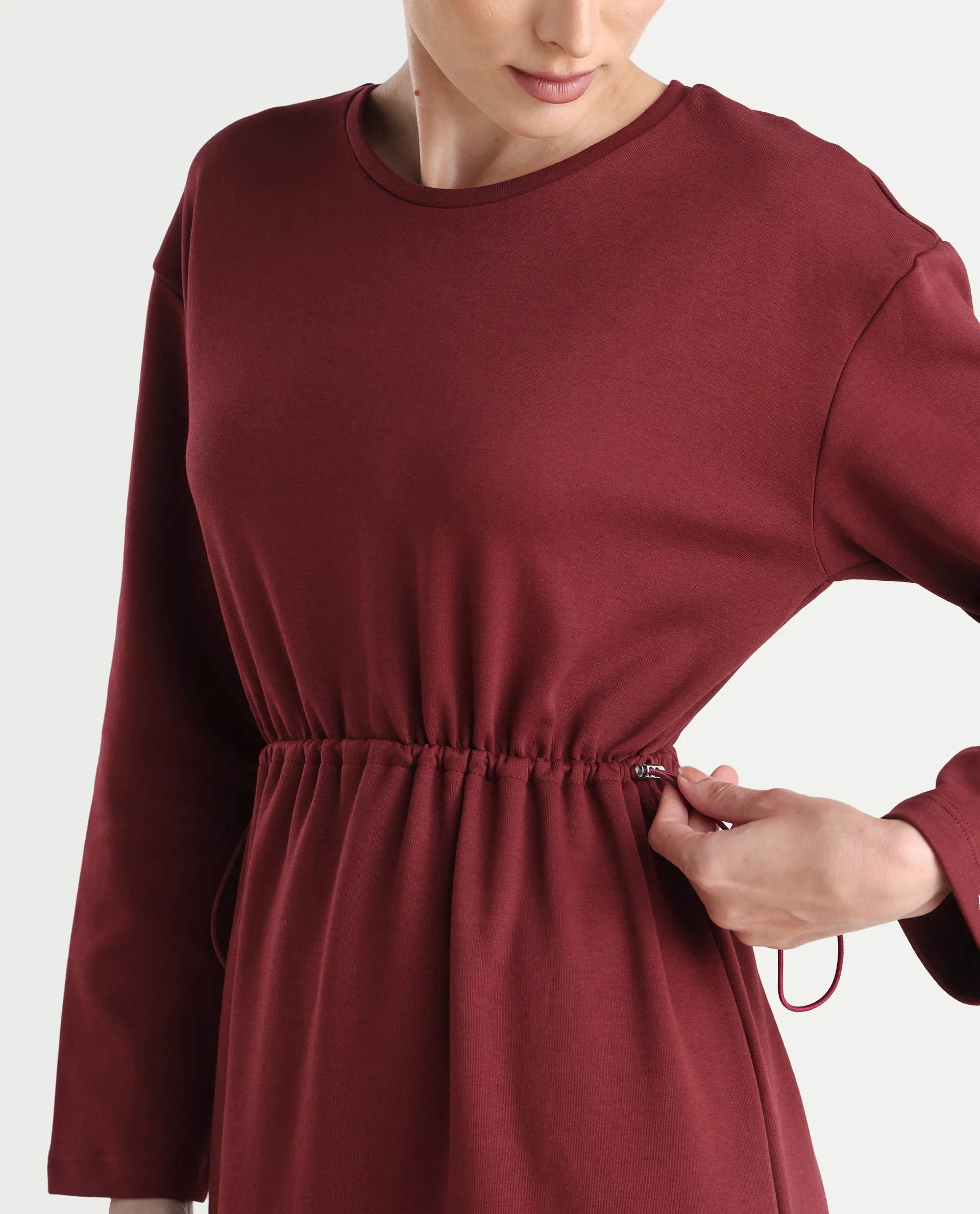 Rareism Women's Zarene Maroon Cotton Cotton Blend Crew Neck Plain Maxi Regular Fit Dress