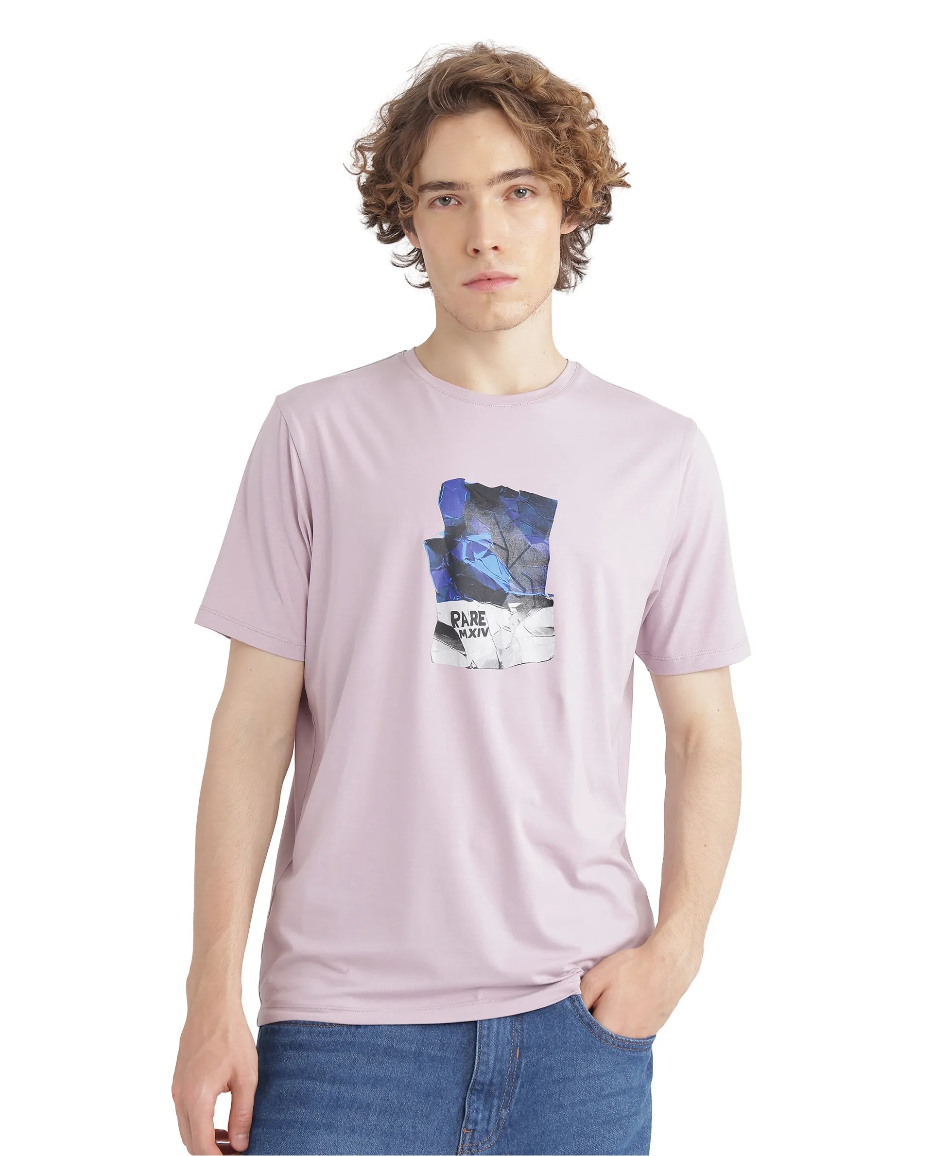 Rare Rabbit Men Zarf Dusky Pink Cotton Blend Fabric Short Sleeve Crew Neck Graphic Print T-Shirt