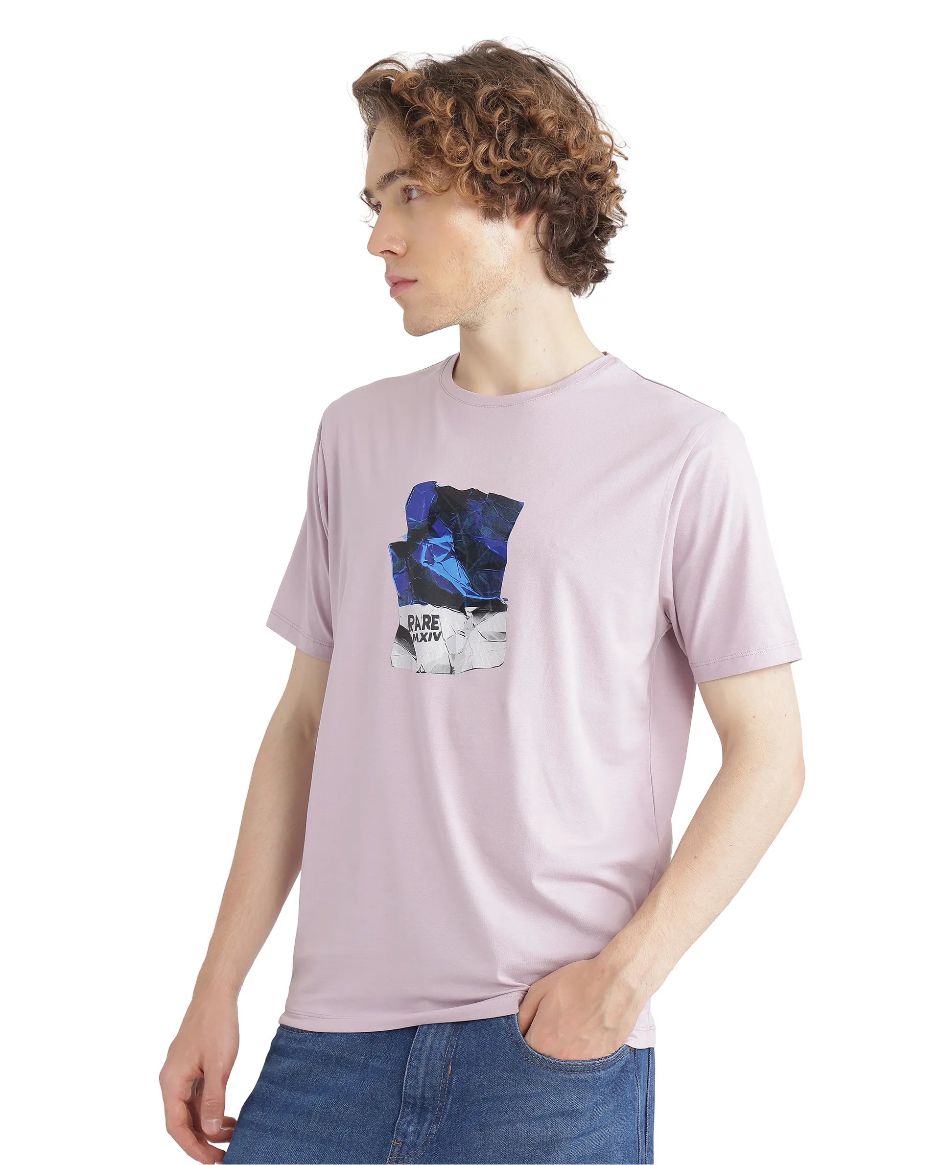 Rare Rabbit Men Zarf Dusky Pink Cotton Blend Fabric Short Sleeve Crew Neck Graphic Print T-Shirt