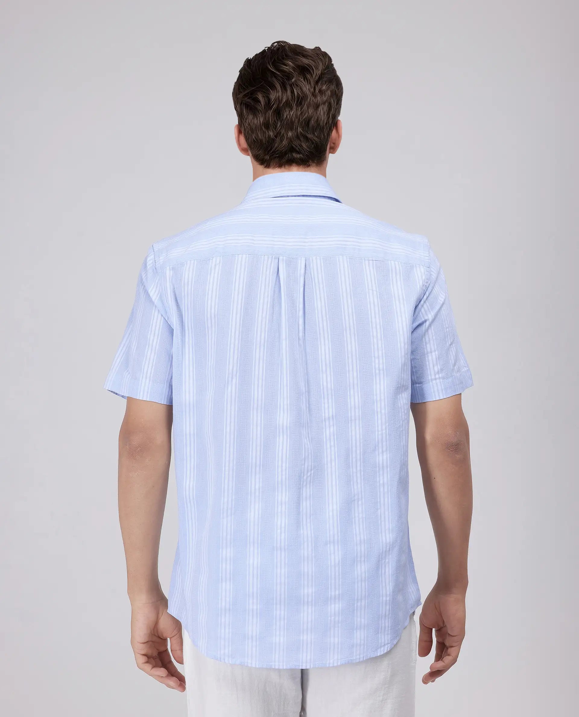 Rare Rabbit Men's Zark Pastel Blue Cotton Fabric Short Sleeve Spred Collar Button Closure Striped Shirt