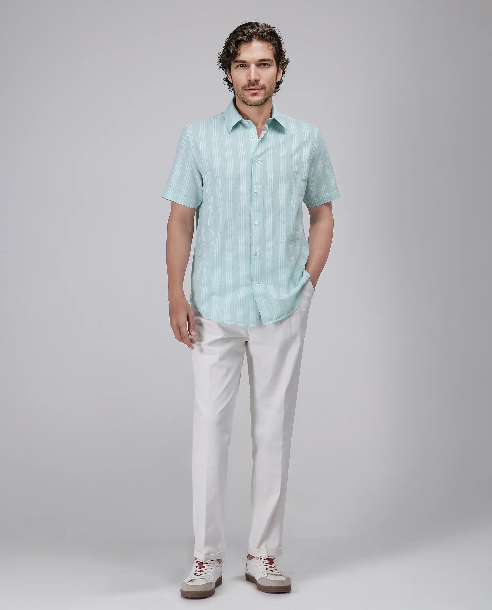 Rare Rabbit Men's Zark Pastel Green Cotton Fabric Short Sleeve Collared Neck Button Closure Striped Shirt