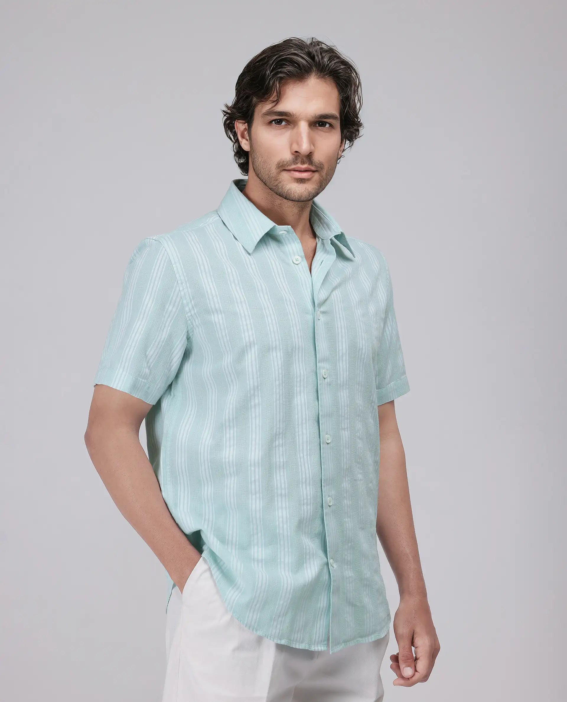 Rare Rabbit Men's Zark Pastel Green Cotton Fabric Short Sleeve Collared Neck Button Closure Striped Shirt