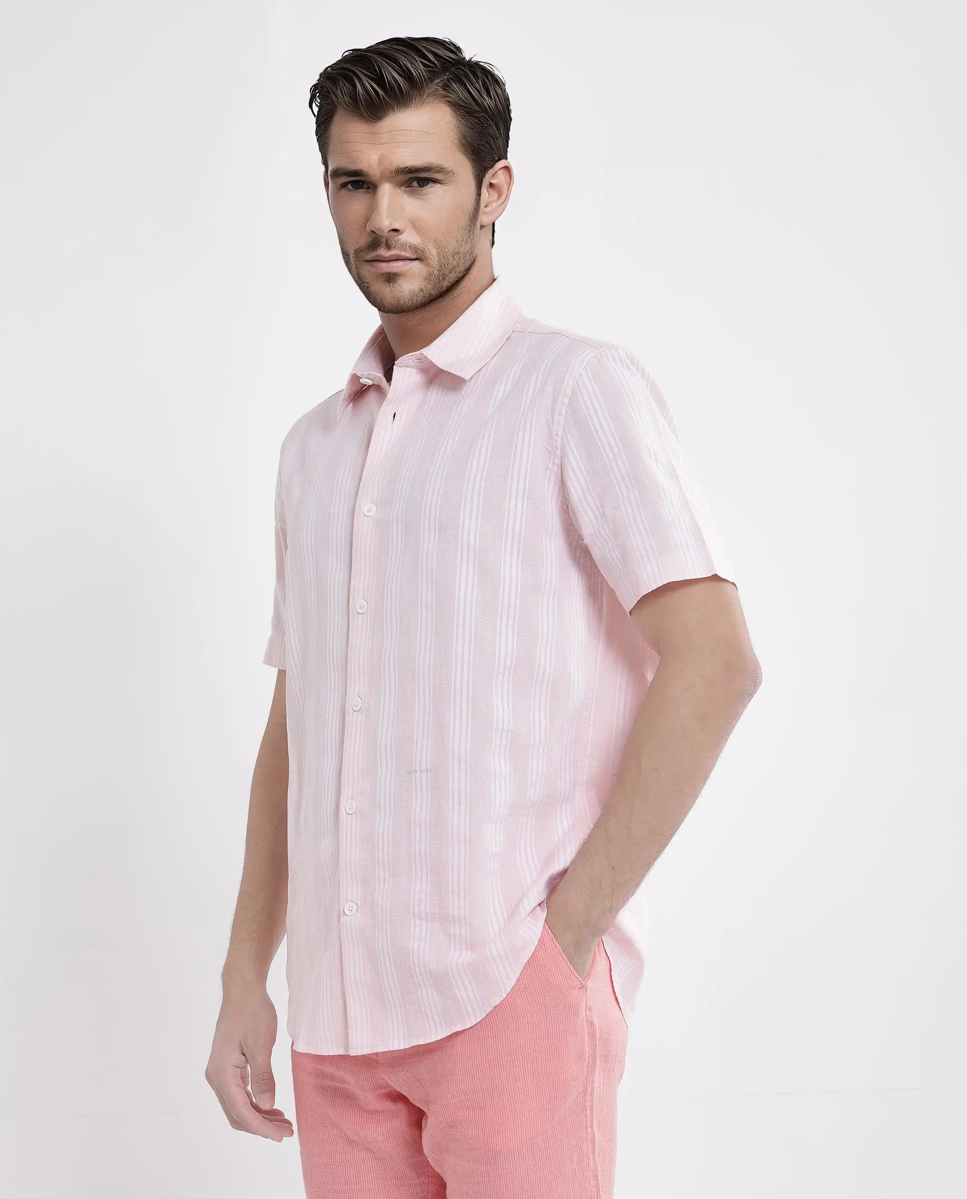 Rare Rabbit Men's Zark Pastel Peach Cotton Fabric Short Sleeve Collared Neck Button Closure Printed Shirt