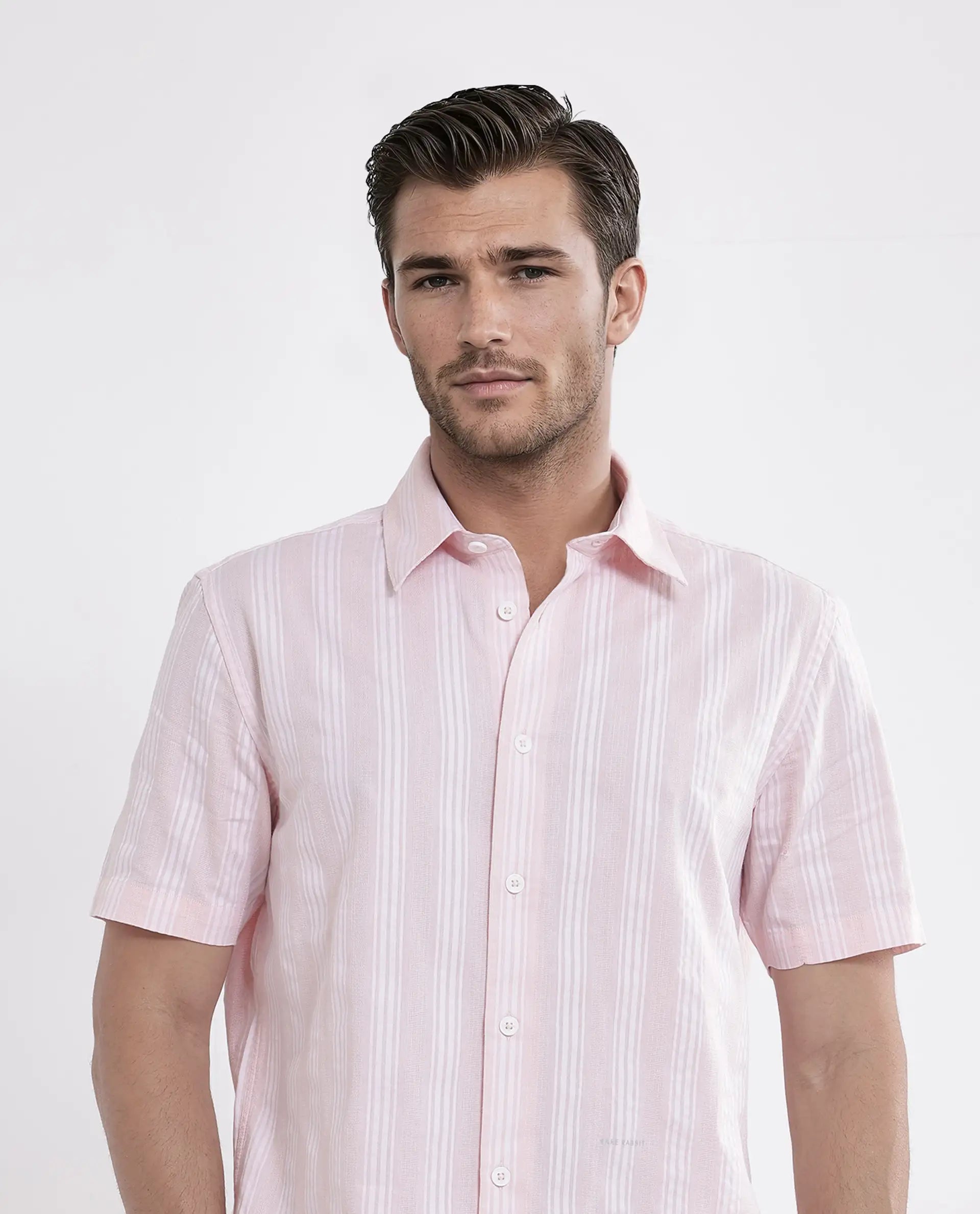 Rare Rabbit Men's Zark Pastel Peach Cotton Fabric Short Sleeve Collared Neck Button Closure Printed Shirt