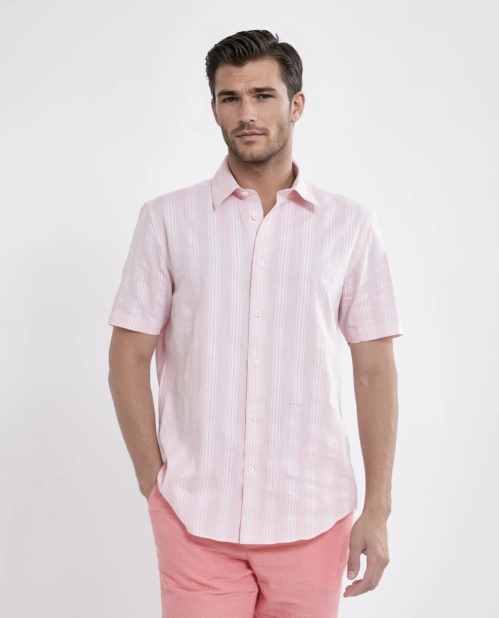 Rare Rabbit Men's Zark Pastel Peach Cotton Fabric Short Sleeve Collared Neck Button Closure Printed Shirt