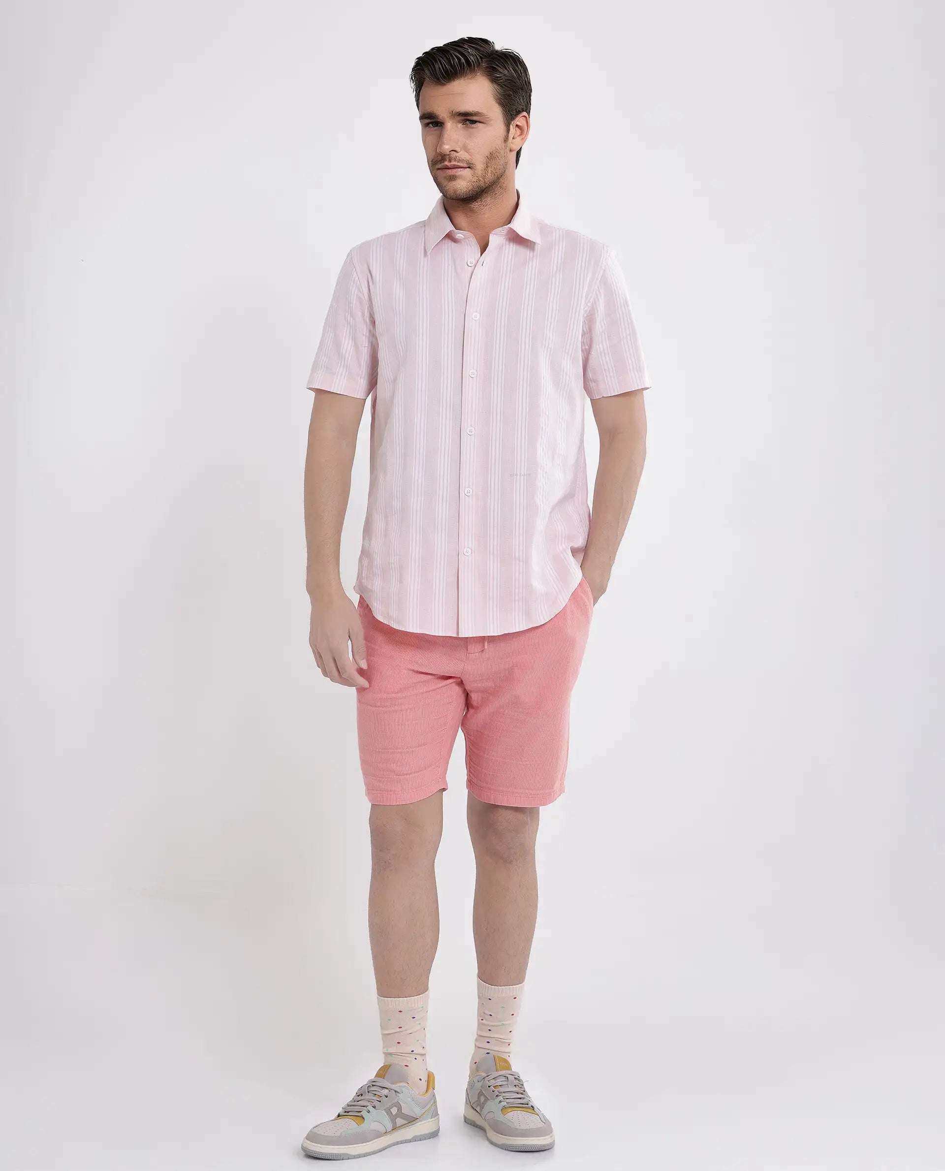 Rare Rabbit Men's Zark Pastel Peach Cotton Fabric Short Sleeve Collared Neck Button Closure Printed Shirt