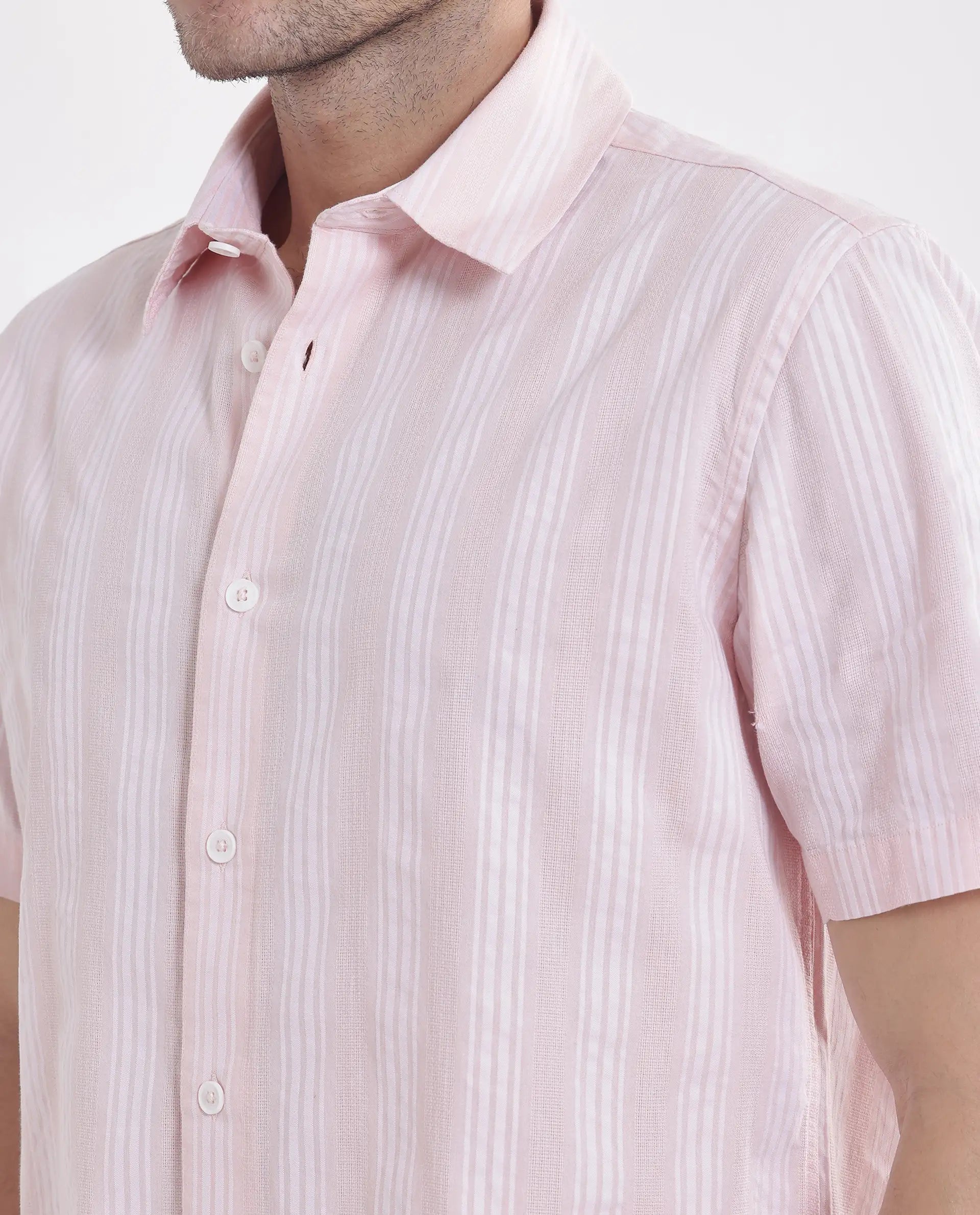 Rare Rabbit Men's Zark Pastel Peach Cotton Fabric Short Sleeve Collared Neck Button Closure Printed Shirt