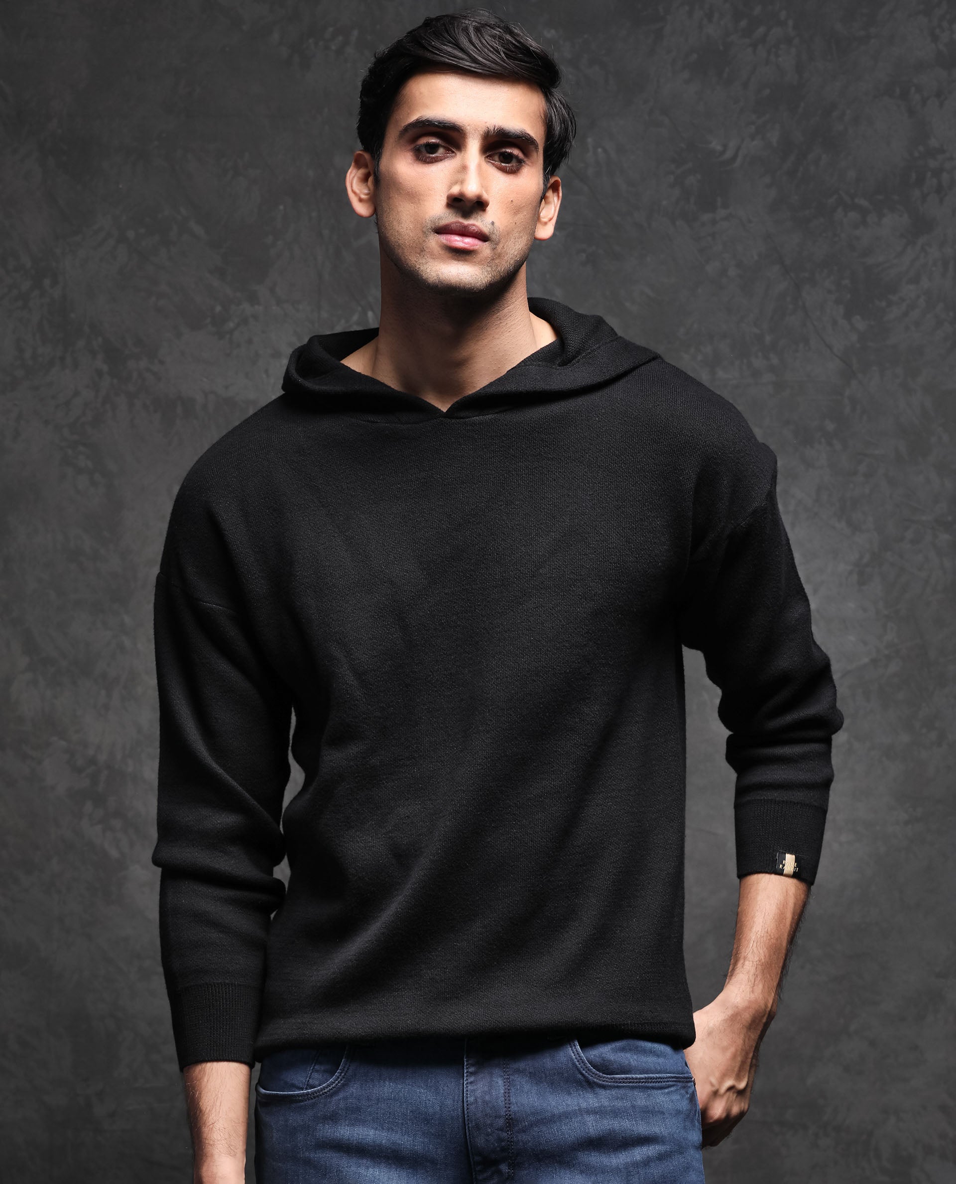 Rare Rabbit Men'S Zarr Black Pullover Cotton Fabric Hooded Neck Full Sleeves Slim Fit