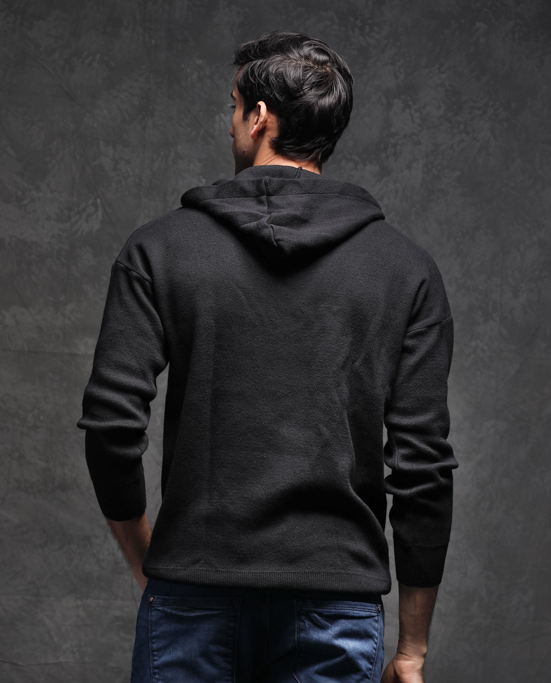 Rare Rabbit Men'S Zarr Black Pullover Cotton Fabric Hooded Neck Full Sleeves Slim Fit
