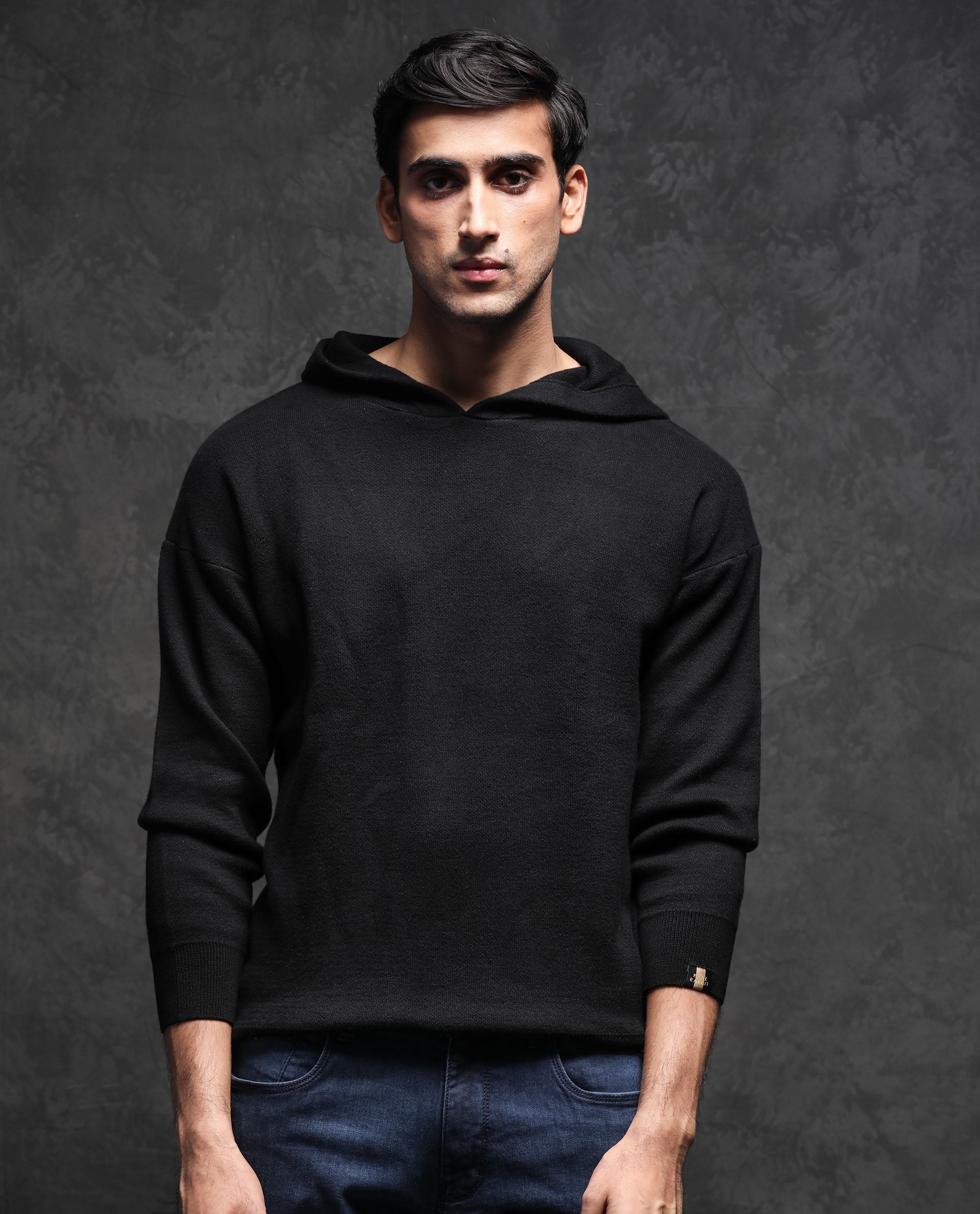 Rare Rabbit Men'S Zarr Black Pullover Cotton Fabric Hooded Neck Full Sleeves Slim Fit