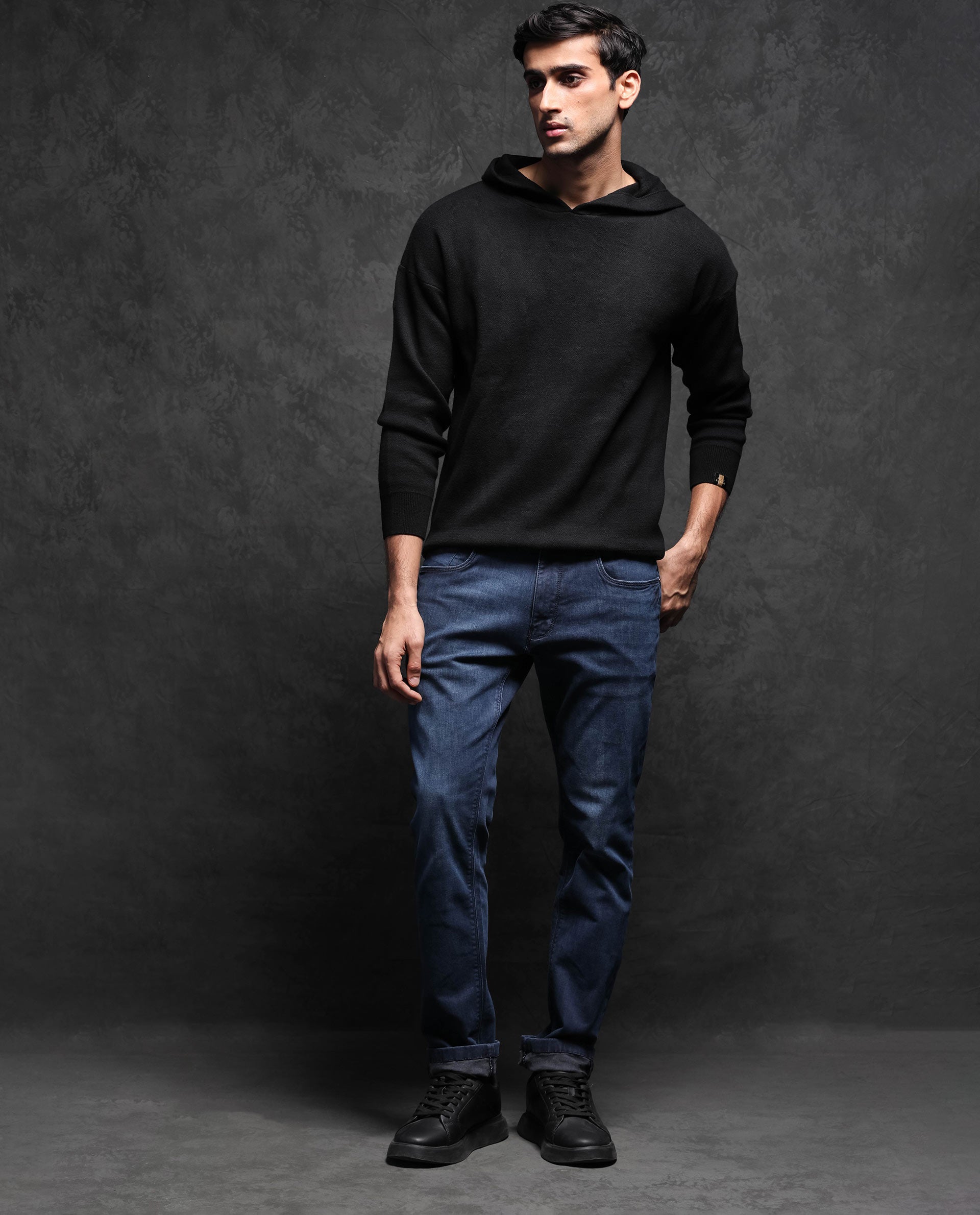 Rare Rabbit Men'S Zarr Black Pullover Cotton Fabric Hooded Neck Full Sleeves Slim Fit