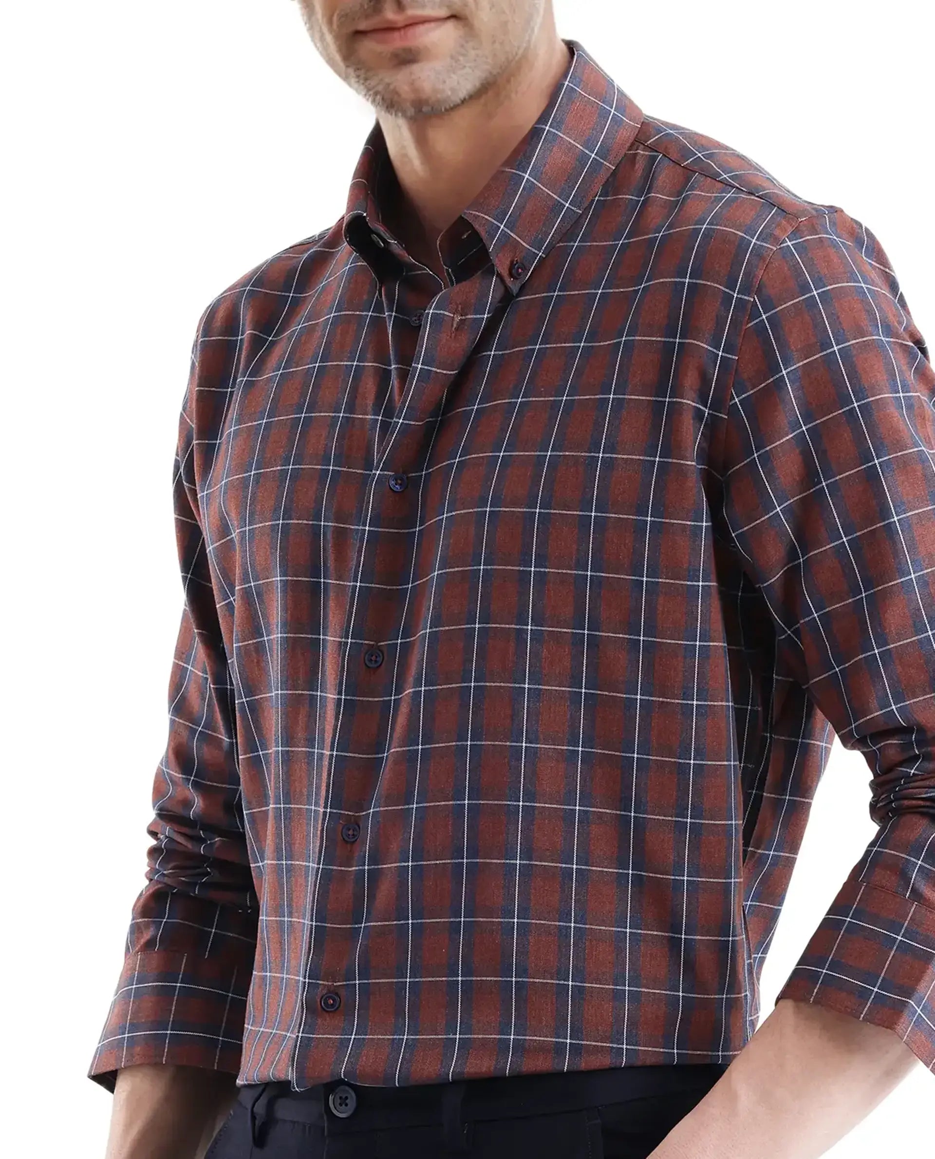 Rare Rabbit Men's Zary Brown Cotton Fabric Full Sleeve Collared Neck Checks Shirt