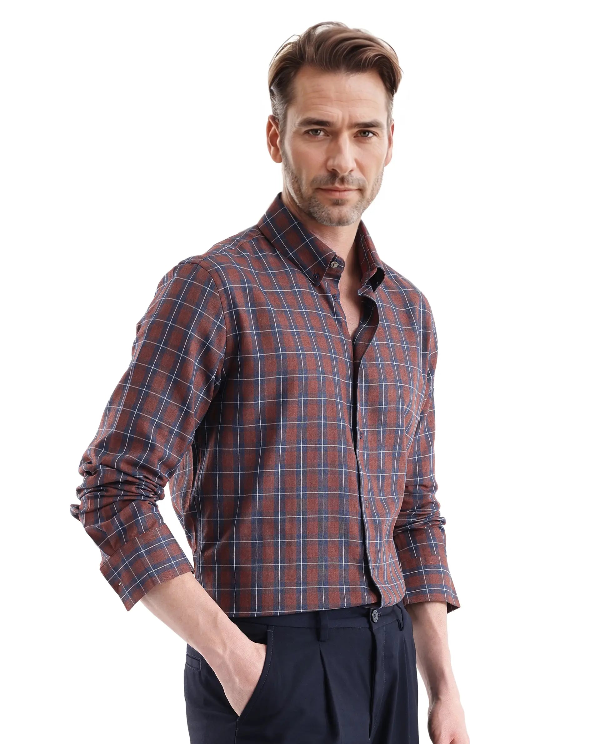 Rare Rabbit Men's Zary Brown Cotton Fabric Full Sleeve Collared Neck Checks Shirt