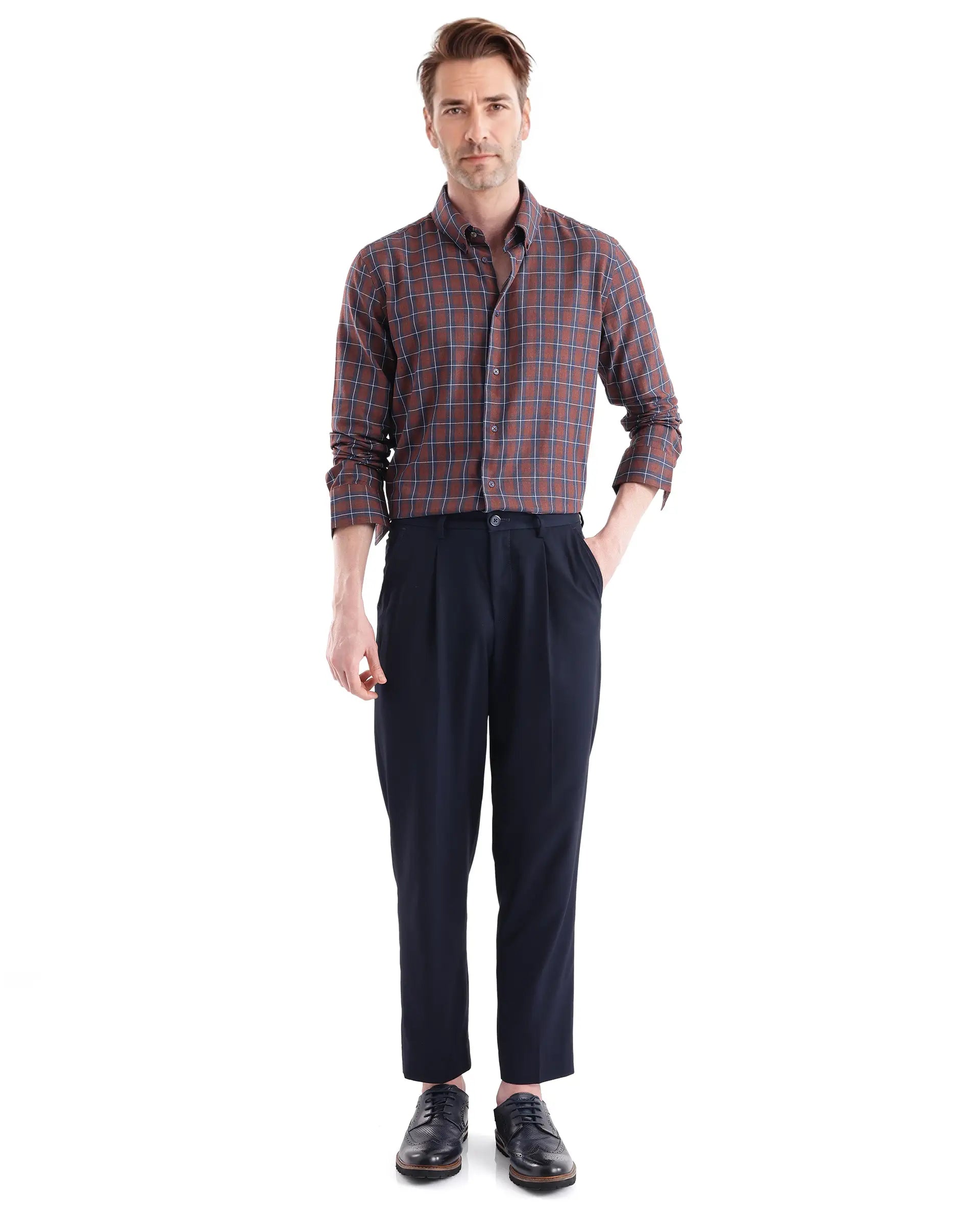 Rare Rabbit Men's Zary Brown Cotton Fabric Full Sleeve Collared Neck Checks Shirt