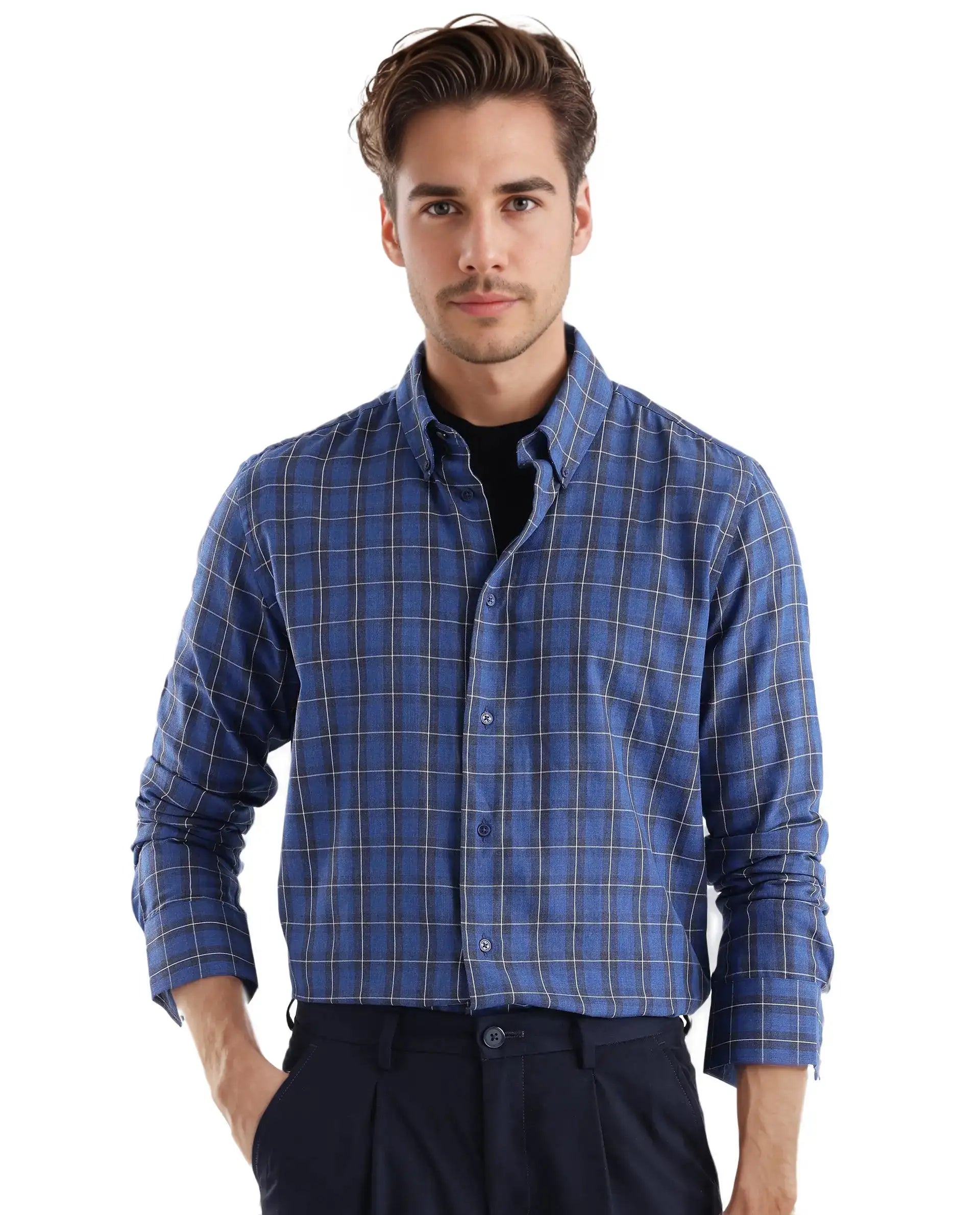 Rare Rabbit Men's Zary Dark Blue Checked Print Regular Fit Full Sleeve Collared Shirt