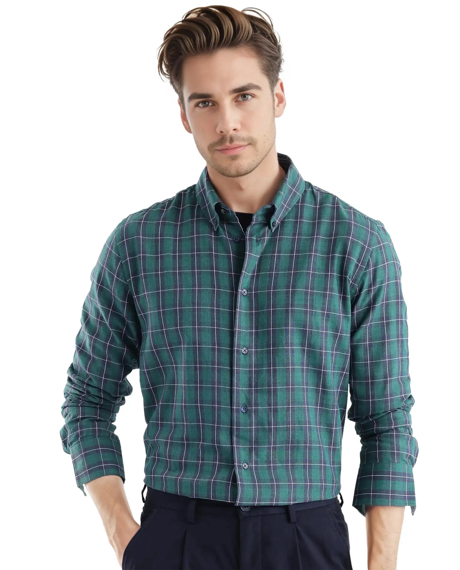 Rare Rabbit Men's Zary Dark Green Cotton Checked Print Regular Fit Full Sleeve Collared Shirt