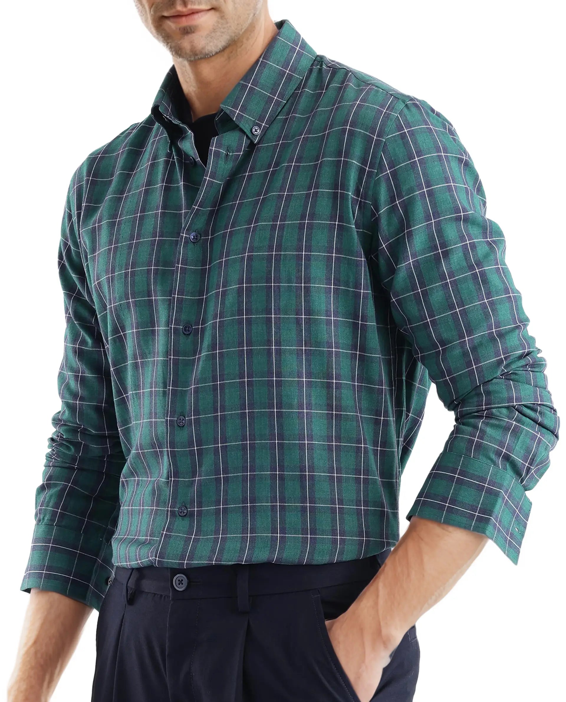 Rare Rabbit Men's Zary Dark Green Cotton Fabric Full Sleeve Regular Fit Checks Shirt