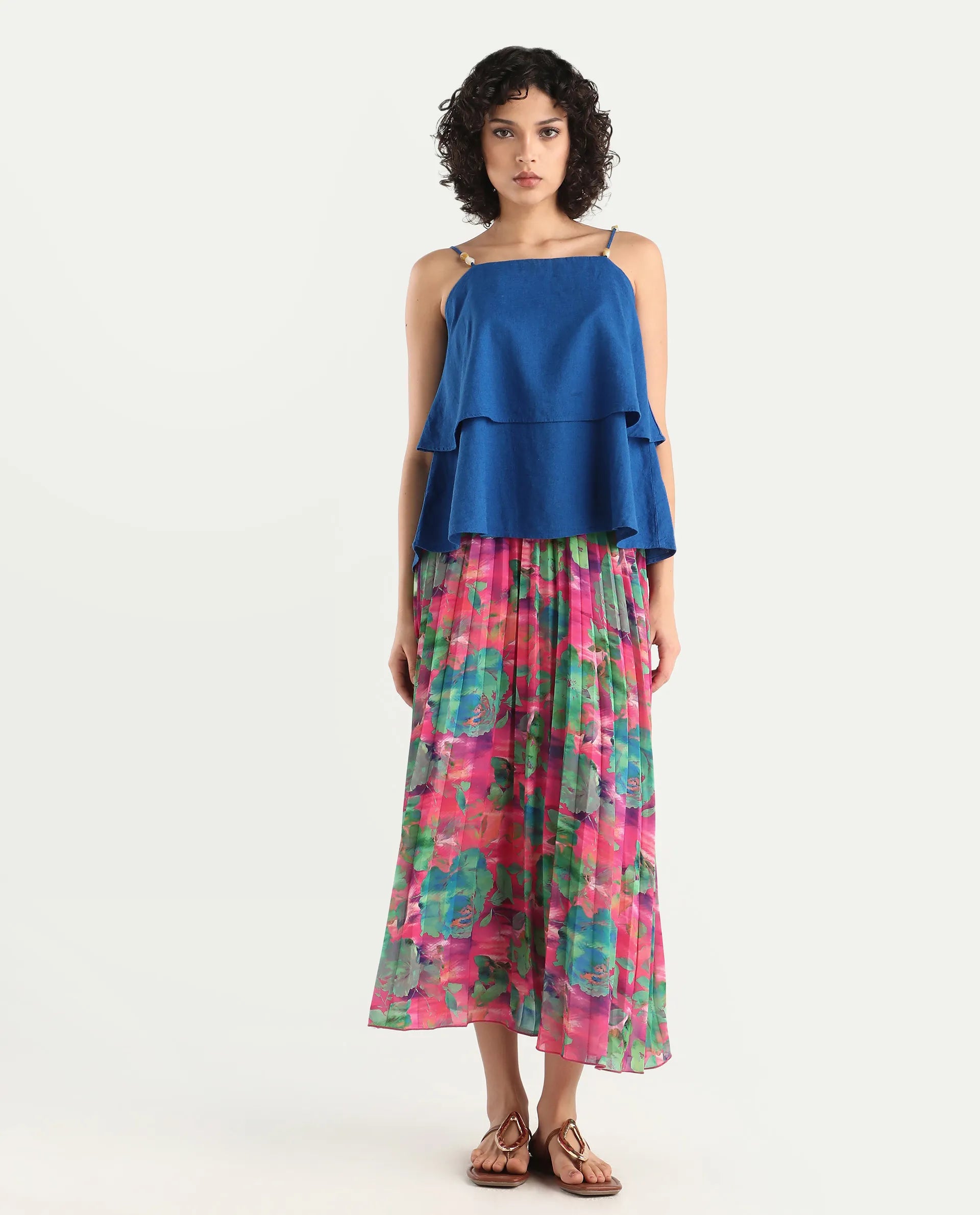 Rareism Women's Zasopi Multi Polyester Floral Print Midi Flared Skirt