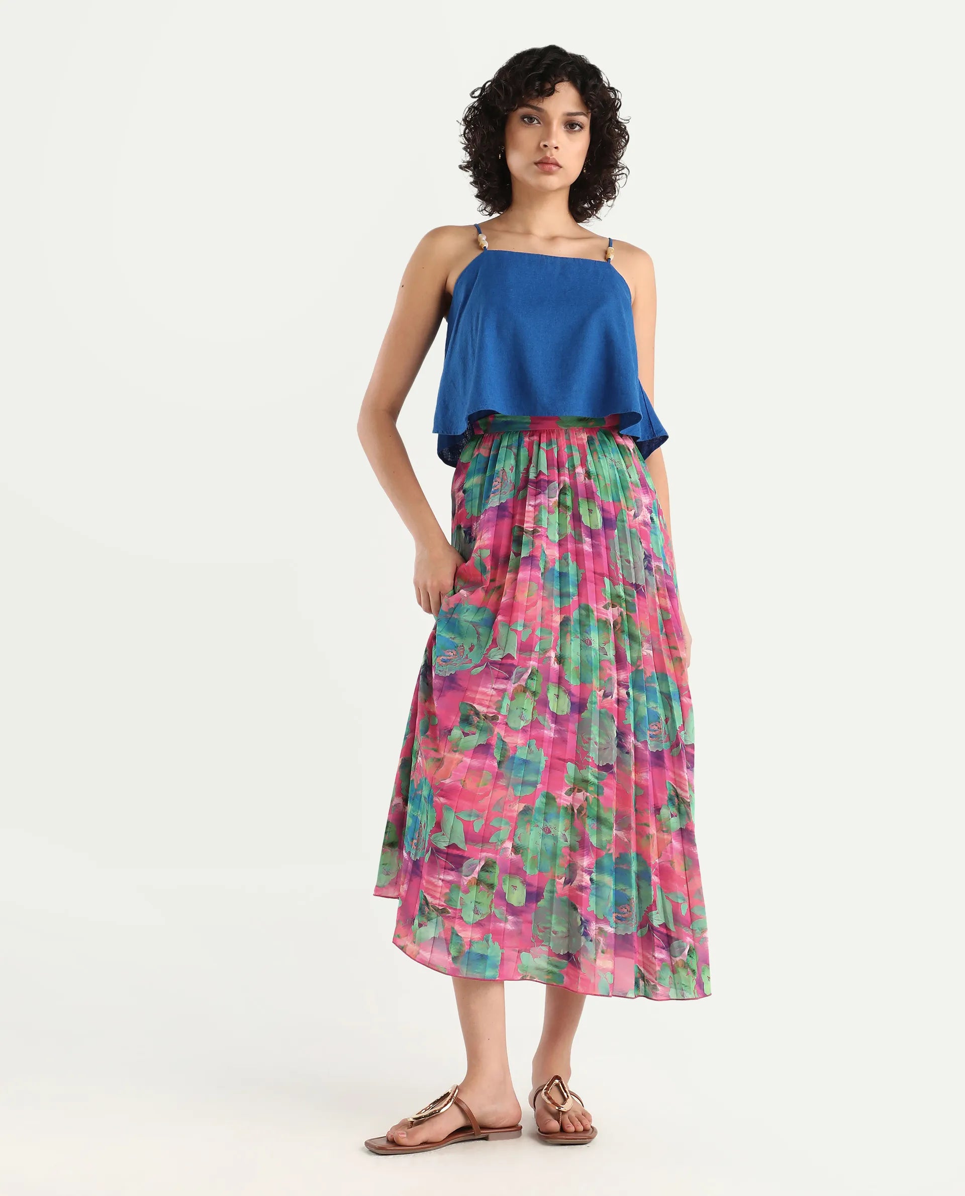 Rareism Women's Zasopi Multi Polyester Floral Print Midi Flared Skirt