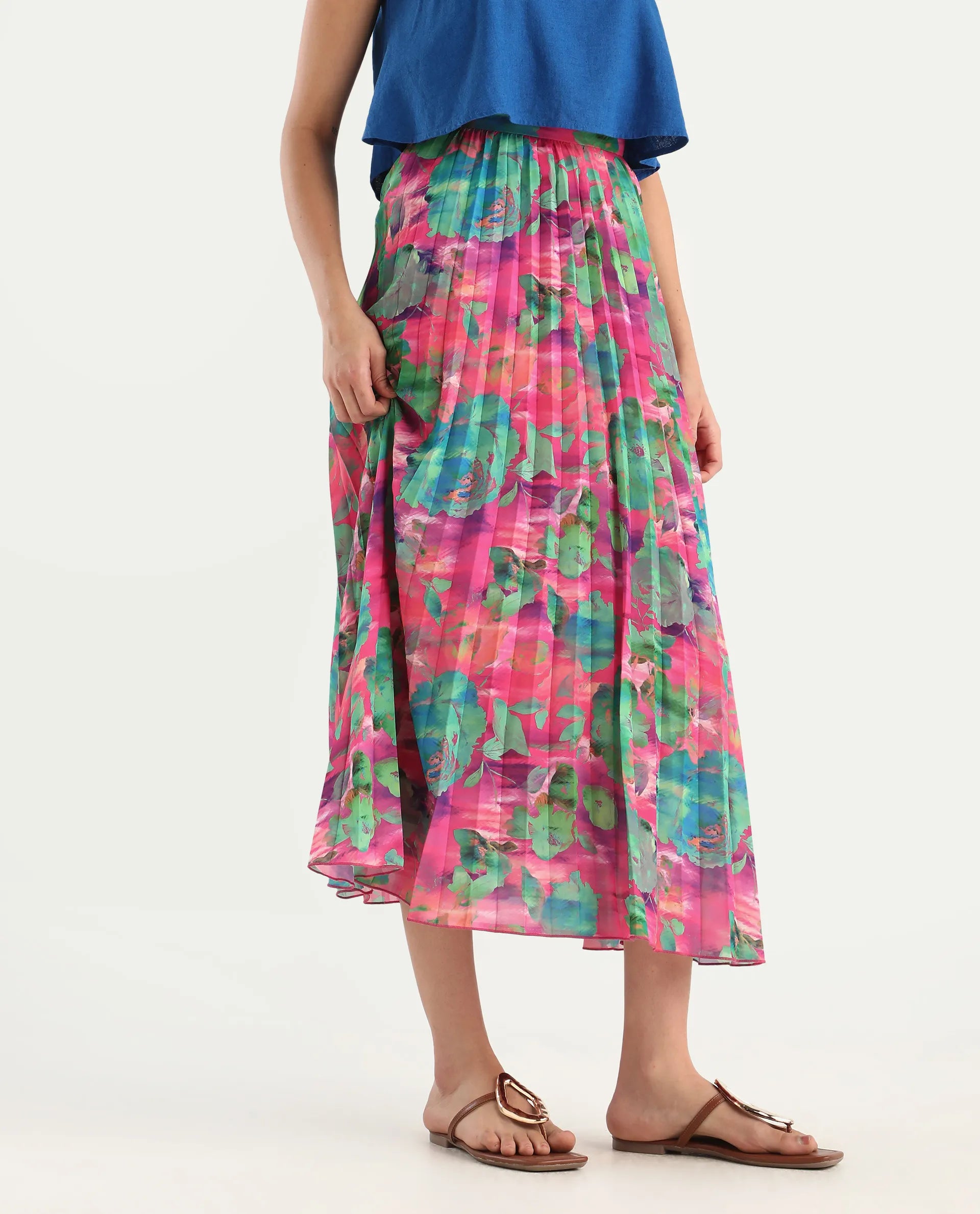 Rareism Women's Zasopi Multi Polyester Floral Print Midi Flared Skirt