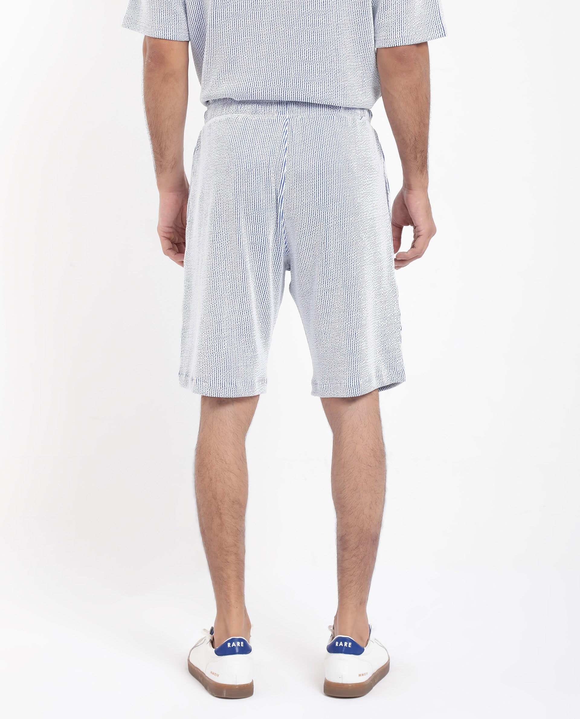Rare Rabbit Men's Zavet-B Blue Cotton Polyester Fabric Knee Length Regular Fit Self Stripe Textured Shorts