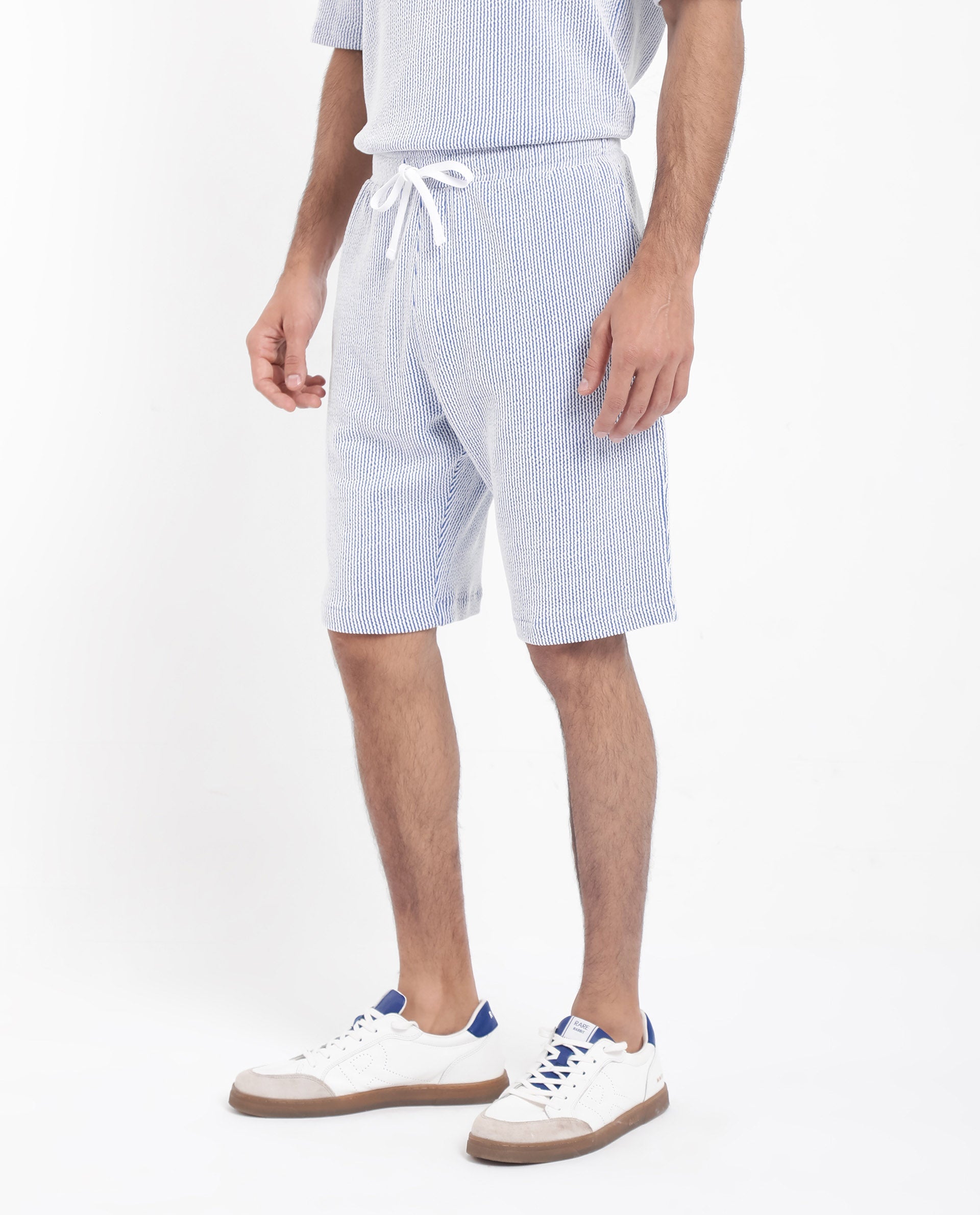 Rare Rabbit Men's Zavet-B Blue Cotton Polyester Fabric Knee Length Regular Fit Self Stripe Textured Shorts