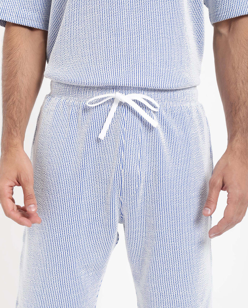 Rare Rabbit Men's Zavet-B Blue Cotton Polyester Fabric Knee Length Regular Fit Self Stripe Textured Shorts