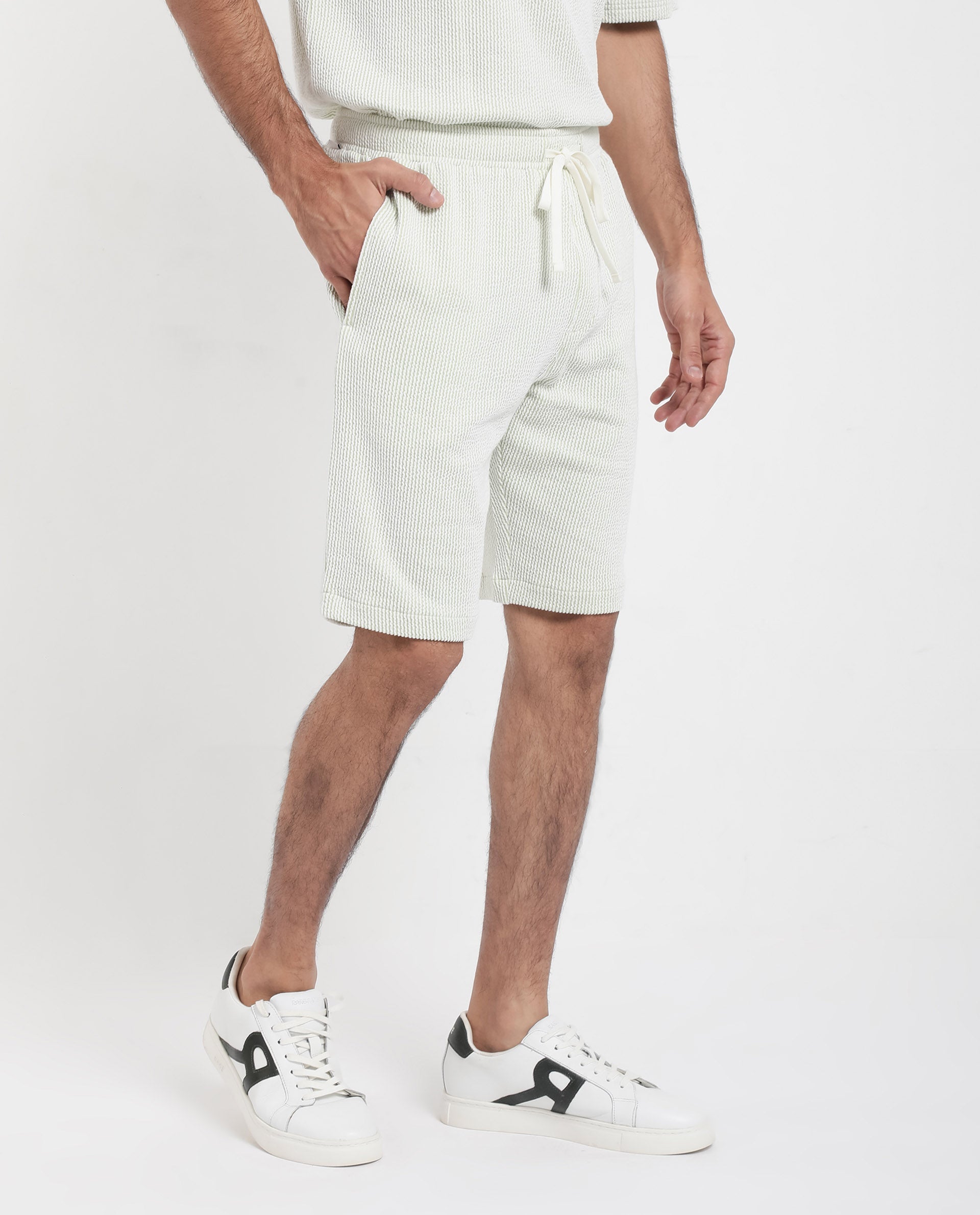 Rare Rabbit Men's Zavet-B Light Green Cotton Polyester Fabric Knee Length Regular Fit Self Stripe Textured Shorts