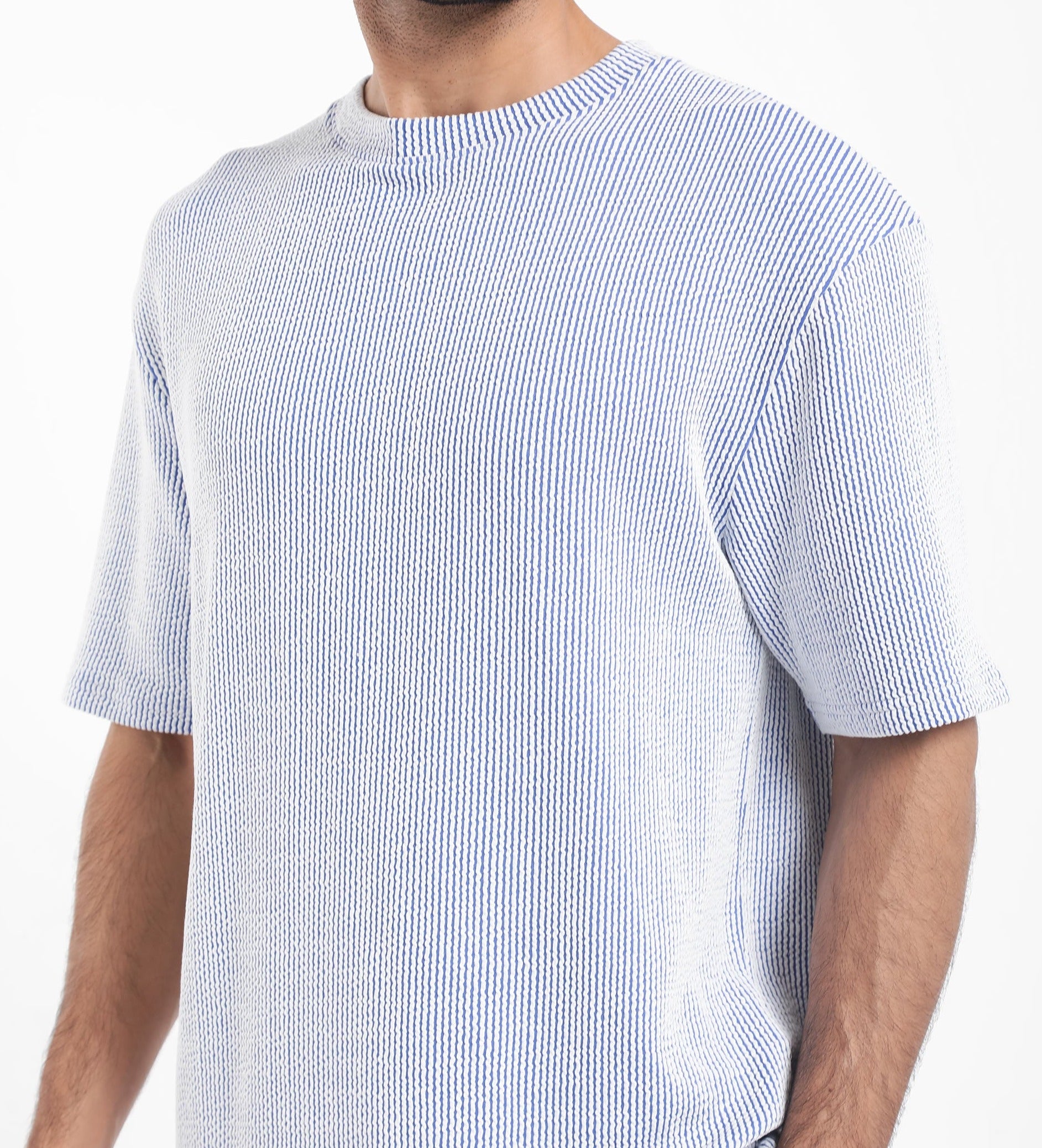 Rare Rabbit Men's Zavet-T Blue Cotton Polyester Fabric Short Sleeves Crew Neck Oversized Fit Self Stripe Textured T-Shirt