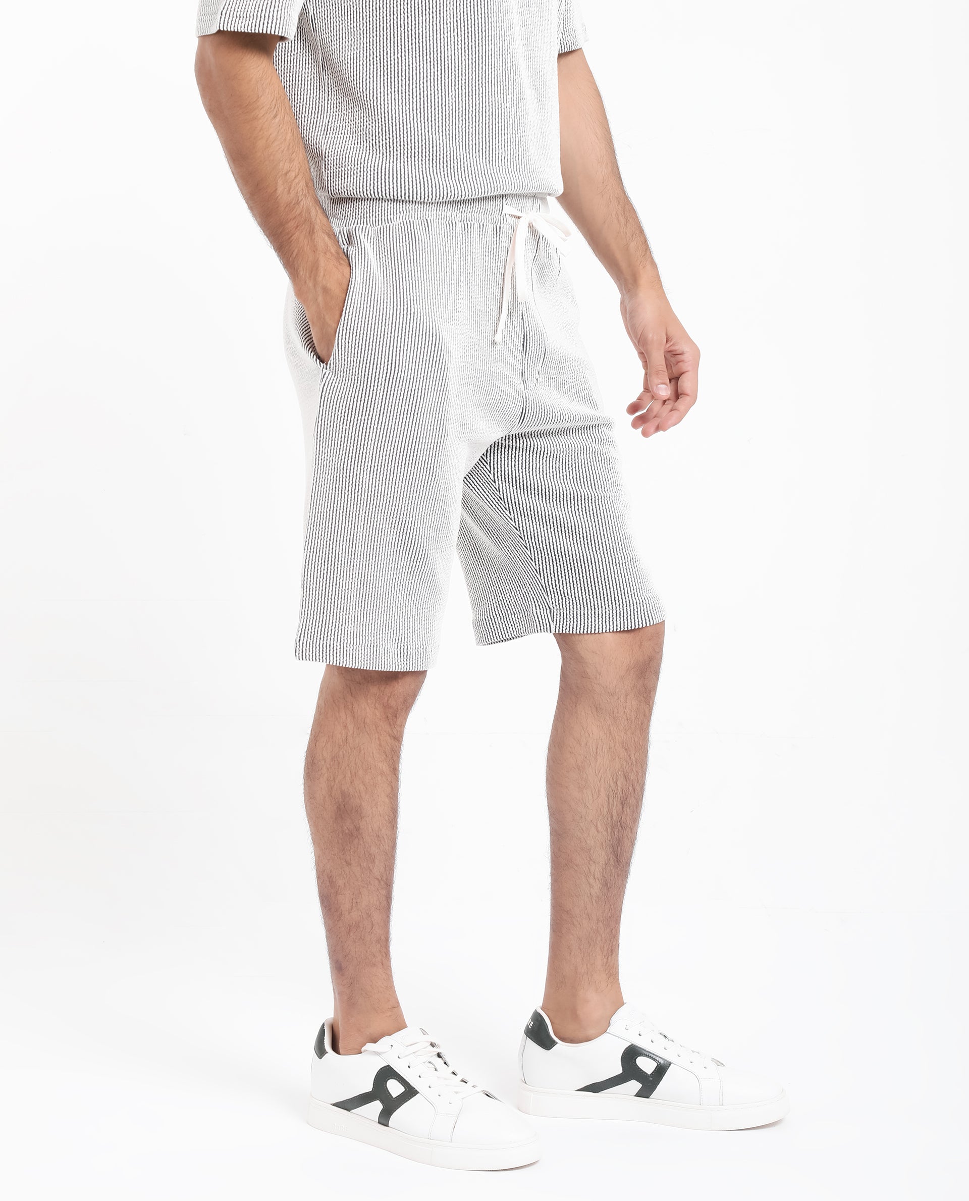 Rare Rabbit Men's Zavet-B Black Cotton Polyester Fabric Knee Length Regular Fit Self Stripe Textured Shorts