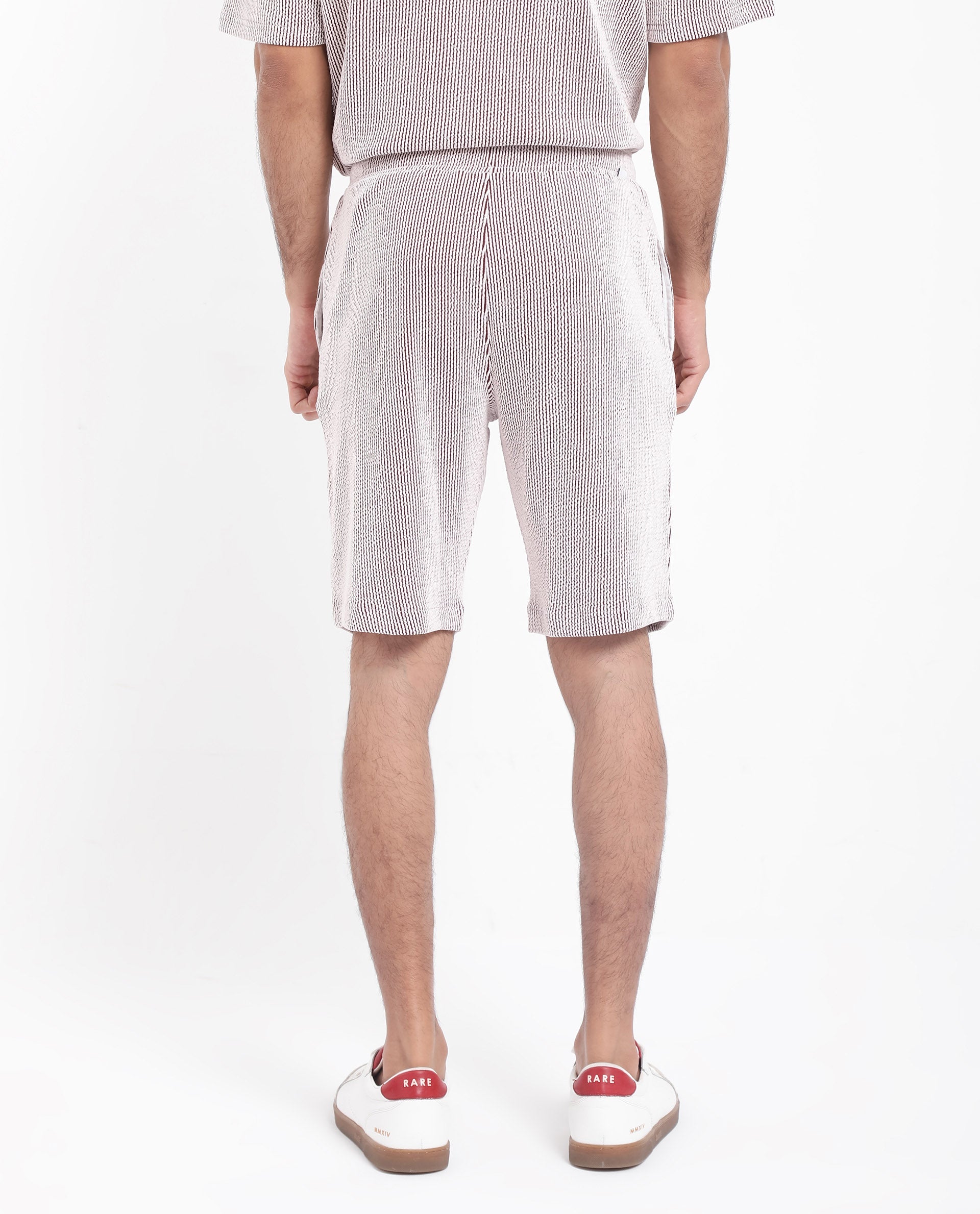 Rare Rabbit Men's Zavet-B Maroon Cotton Polyester Fabric Knee Length Regular Fit Self Stripe Textured Shorts