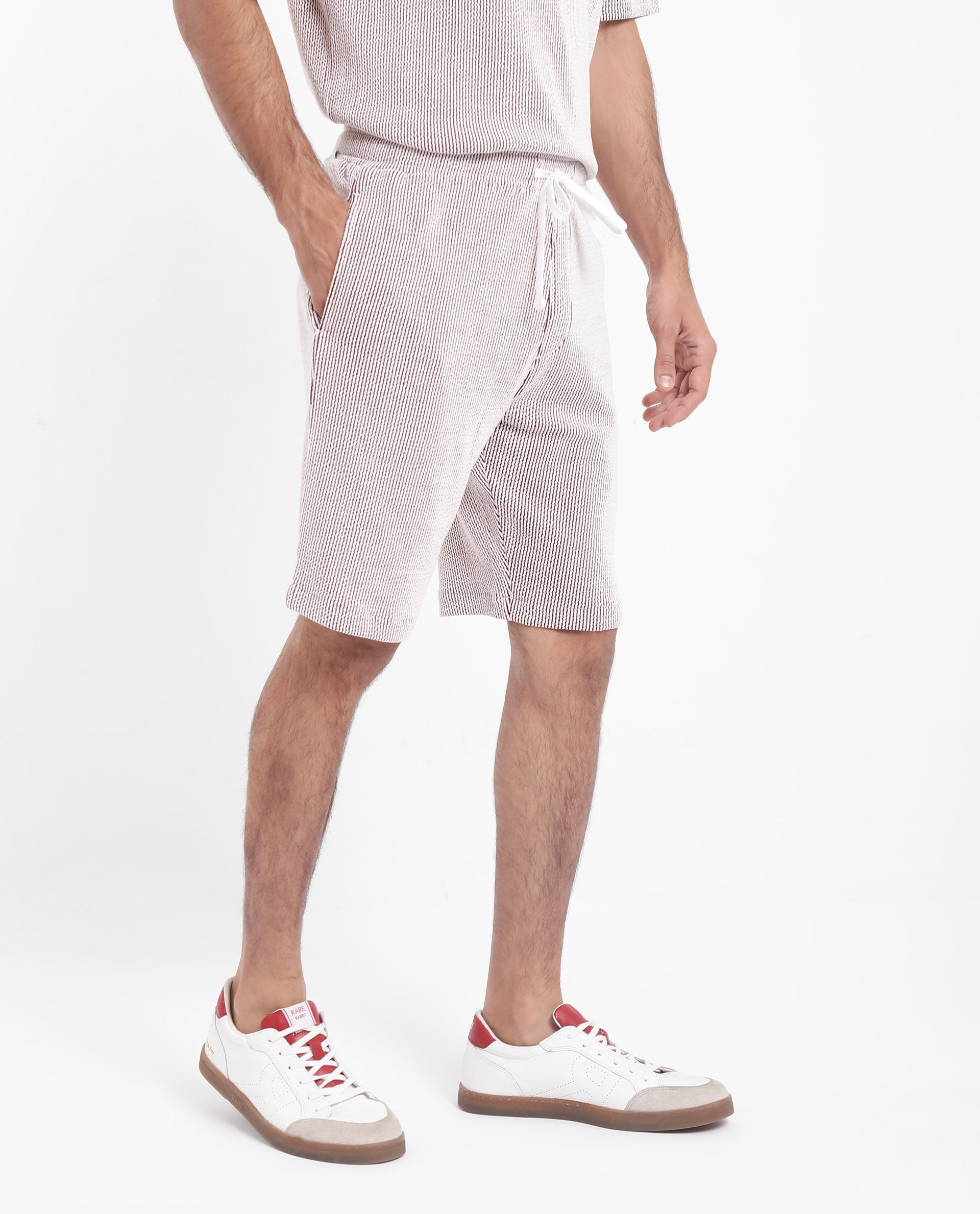 Rare Rabbit Men's Zavet-B Maroon Cotton Polyester Fabric Knee Length Regular Fit Self Stripe Textured Shorts