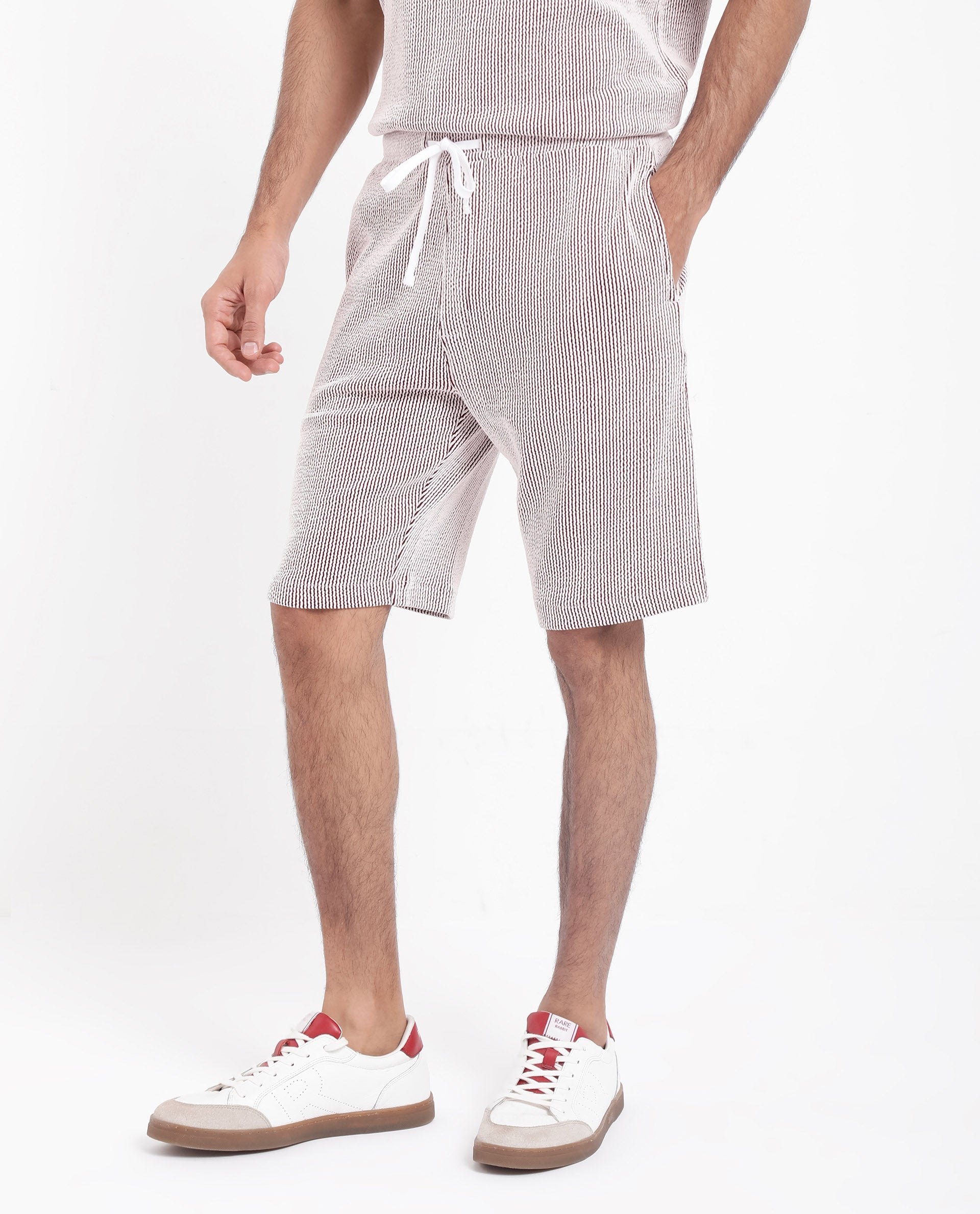 Rare Rabbit Men's Zavet-B Maroon Cotton Polyester Fabric Knee Length Regular Fit Self Stripe Textured Shorts