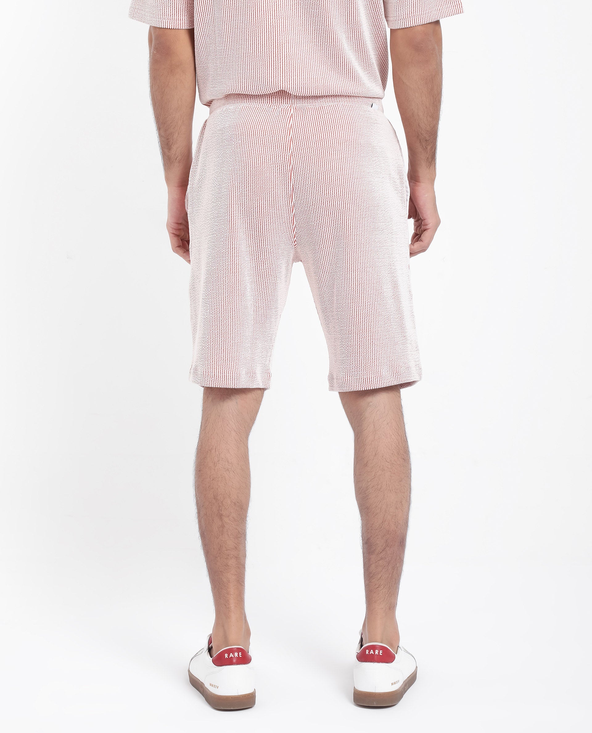 Rare Rabbit Men's Zavet-B Rust Cotton Polyester Fabric Knee Length Regular Fit Self Stripe Textured Shorts