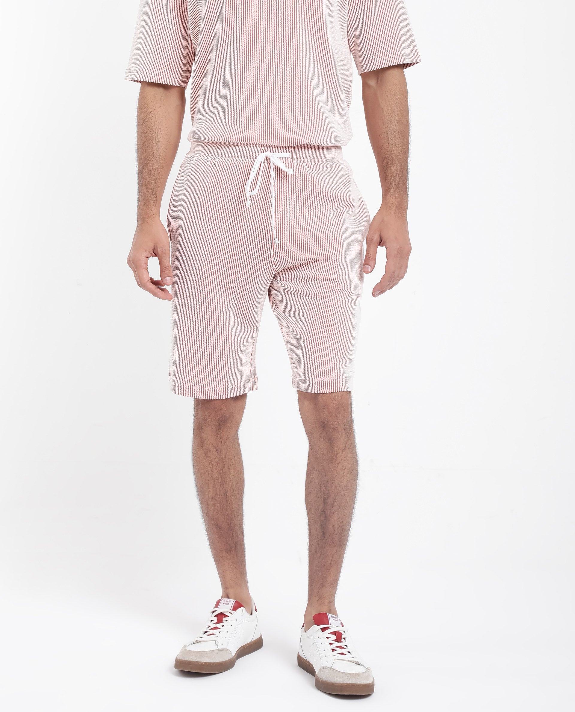 Rare Rabbit Men's Zavet-B Rust Cotton Polyester Fabric Knee Length Regular Fit Self Stripe Textured Shorts