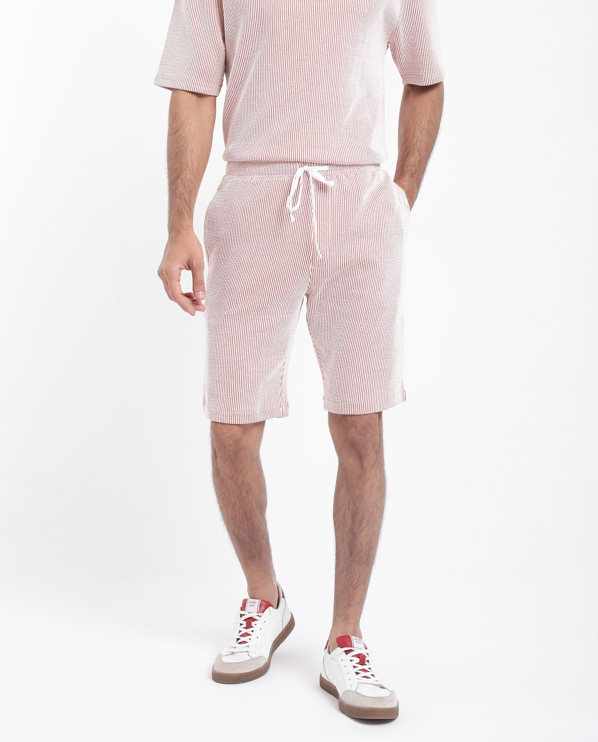 Rare Rabbit Men's Zavet-B Rust Cotton Polyester Fabric Knee Length Regular Fit Self Stripe Textured Shorts