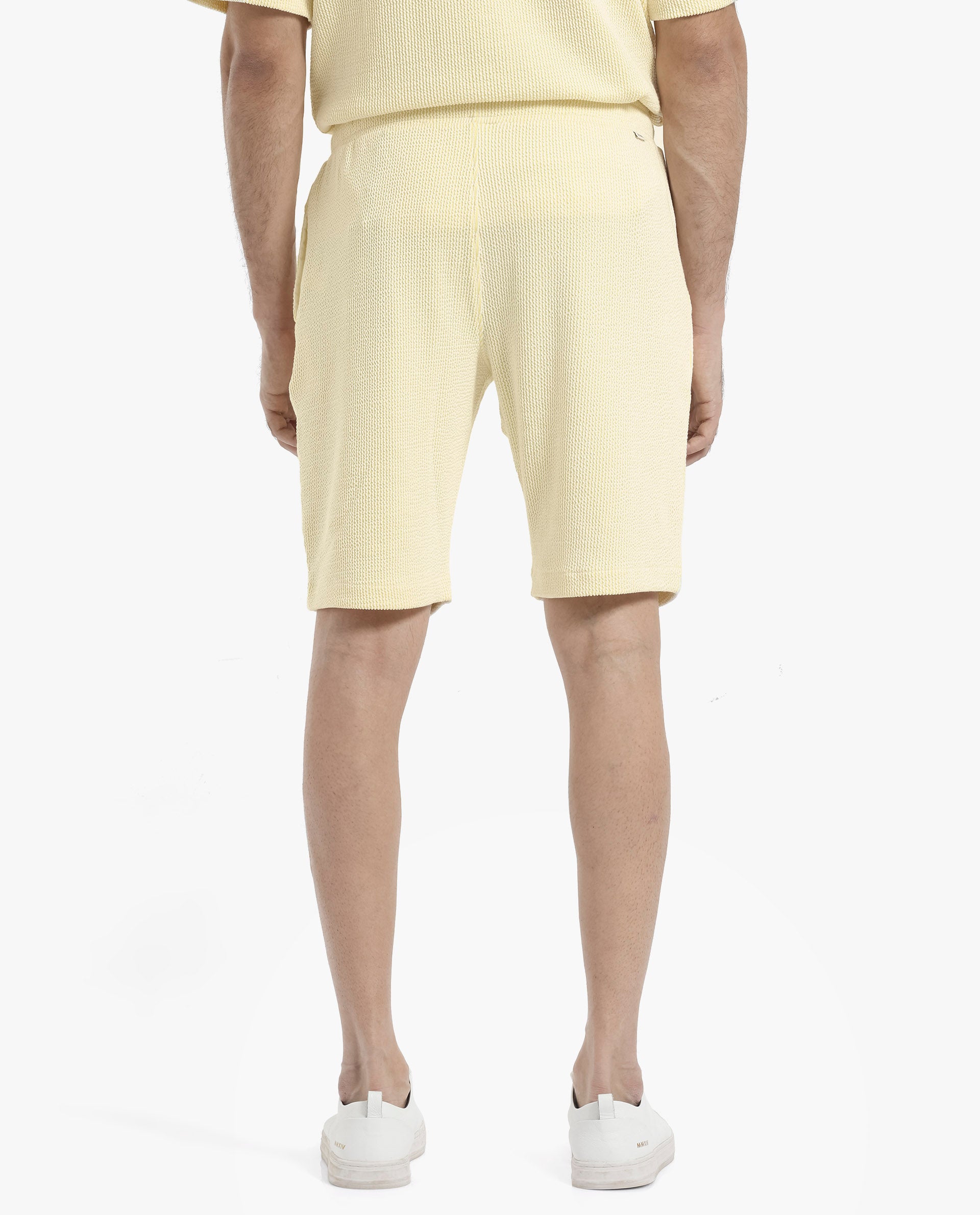 Rare Rabbit Men's Zavet-B Flouroscent Yellow Cotton Polyester Fabric Knee Length Regular Fit Self Stripe Textured Shorts