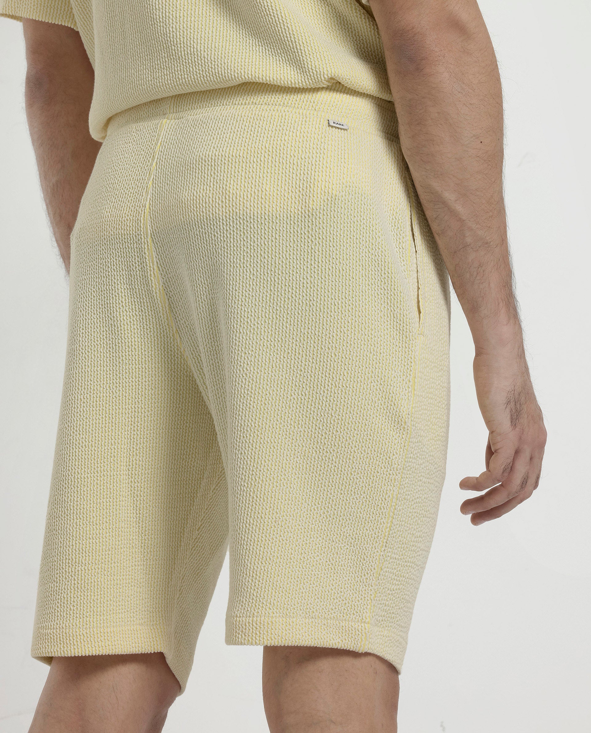 Rare Rabbit Men's Zavet-B Flouroscent Yellow Cotton Polyester Fabric Knee Length Regular Fit Self Stripe Textured Shorts