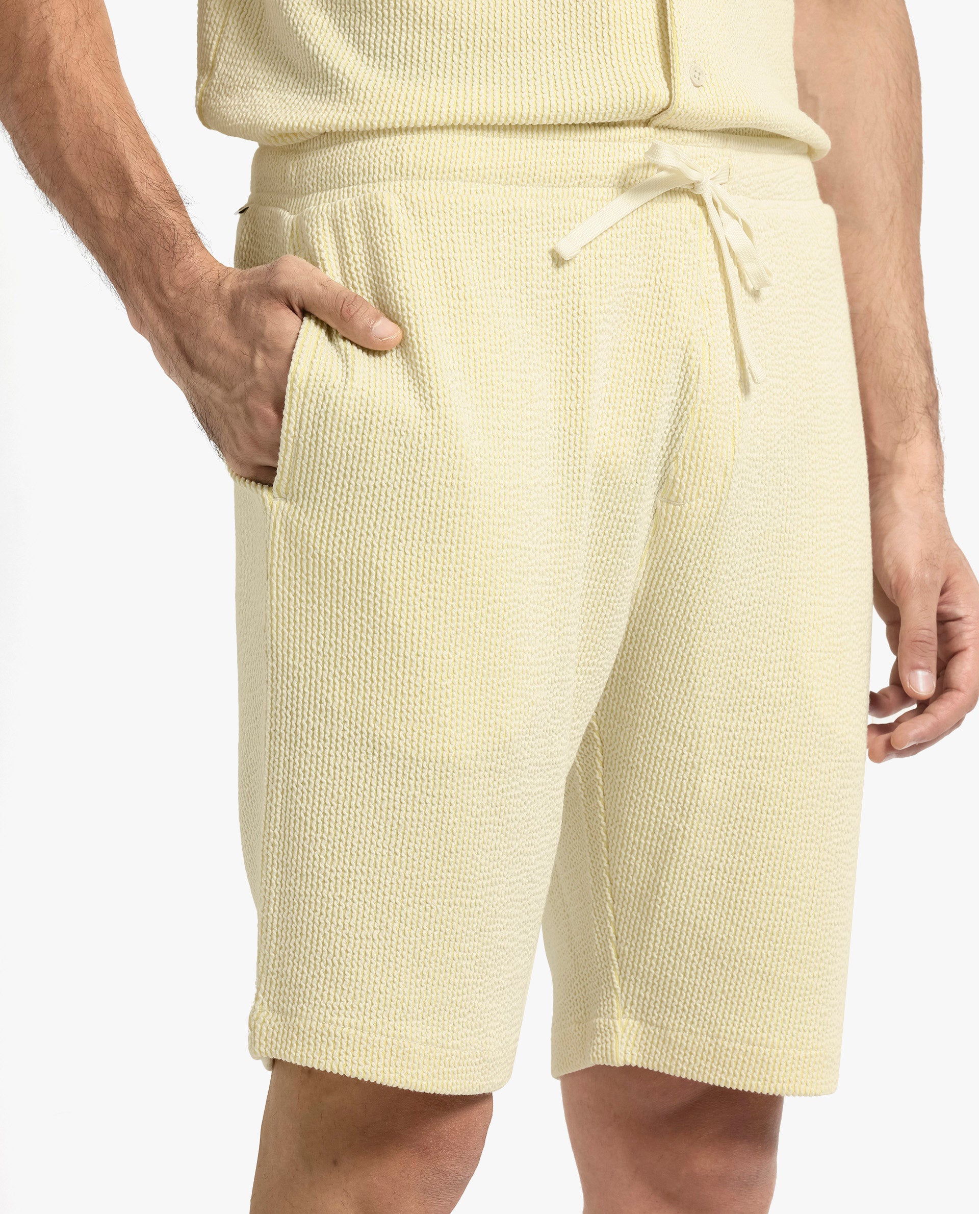 Rare Rabbit Men's Zavet-B Flouroscent Yellow Cotton Polyester Fabric Knee Length Regular Fit Self Stripe Textured Shorts