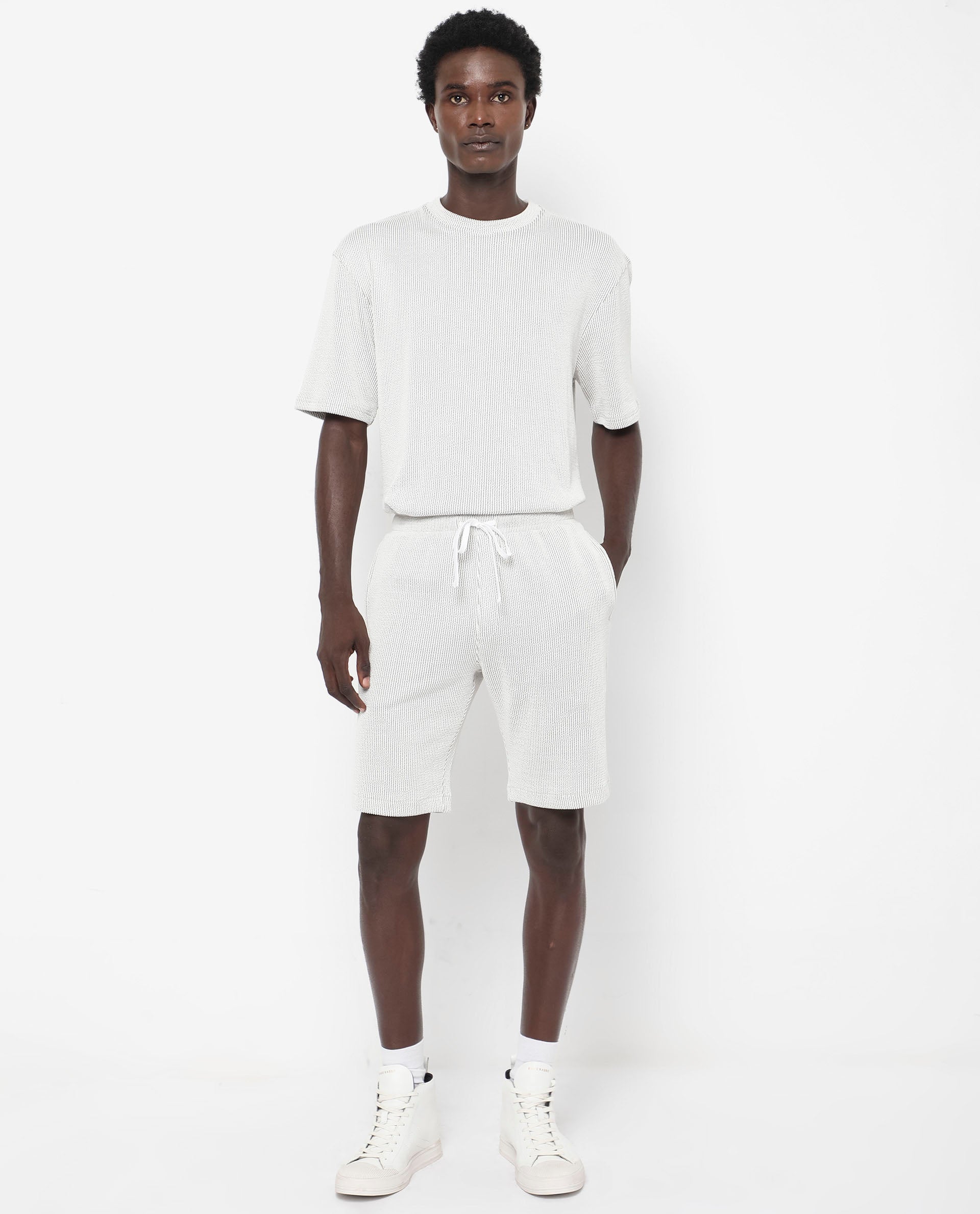 Rare Rabbit Men's Zavet-B Grey Cotton Polyester Fabric Knee Length Regular Fit Self Stripe Textured Shorts