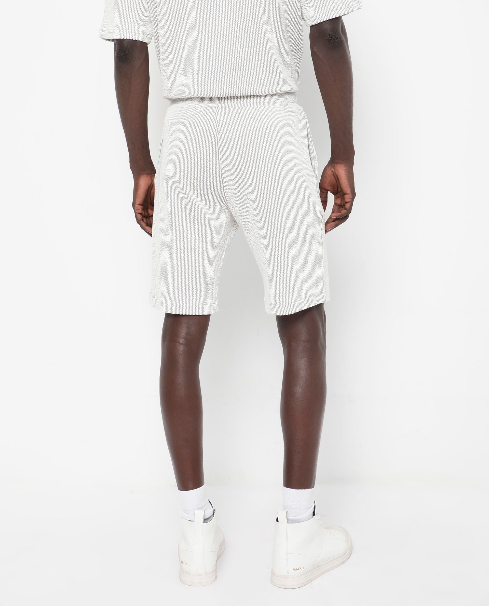 Rare Rabbit Men's Zavet-B Grey Cotton Polyester Fabric Knee Length Regular Fit Self Stripe Textured Shorts