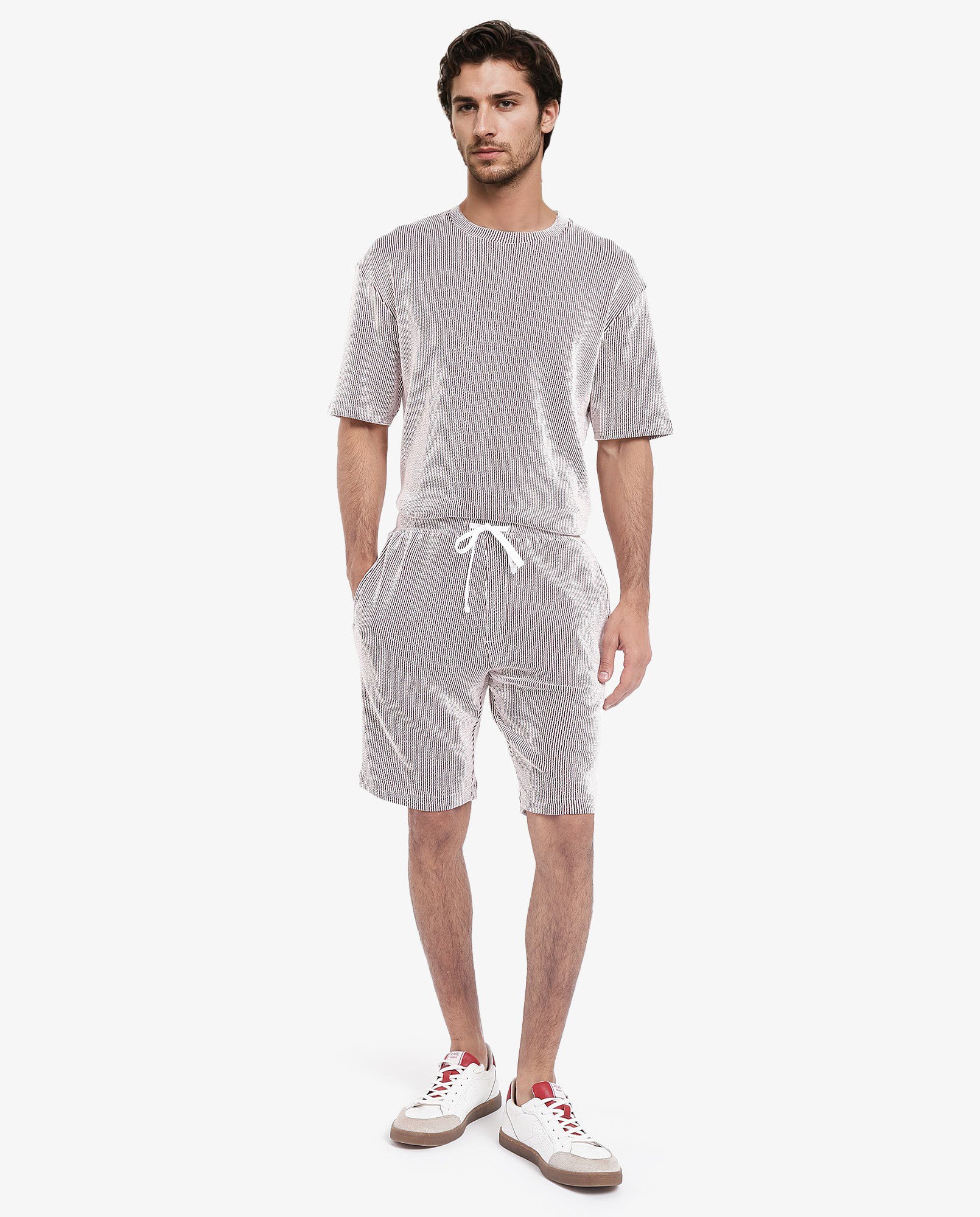 Rare Rabbit Men's Zavet-B Maroon Cotton Polyester Fabric Knee Length Regular Fit Self Stripe Textured Shorts