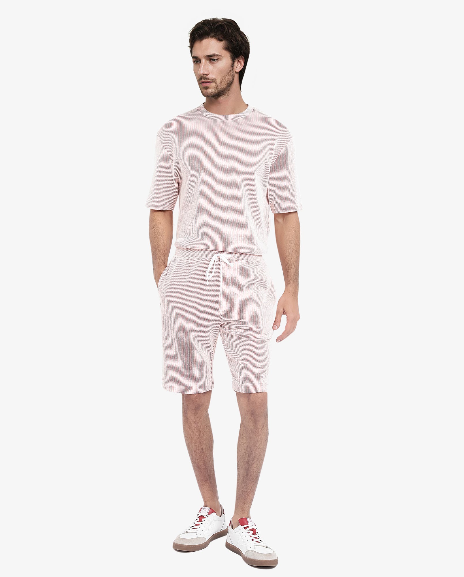 Rare Rabbit Men's Zavet-B Rust Cotton Polyester Fabric Knee Length Regular Fit Self Stripe Textured Shorts