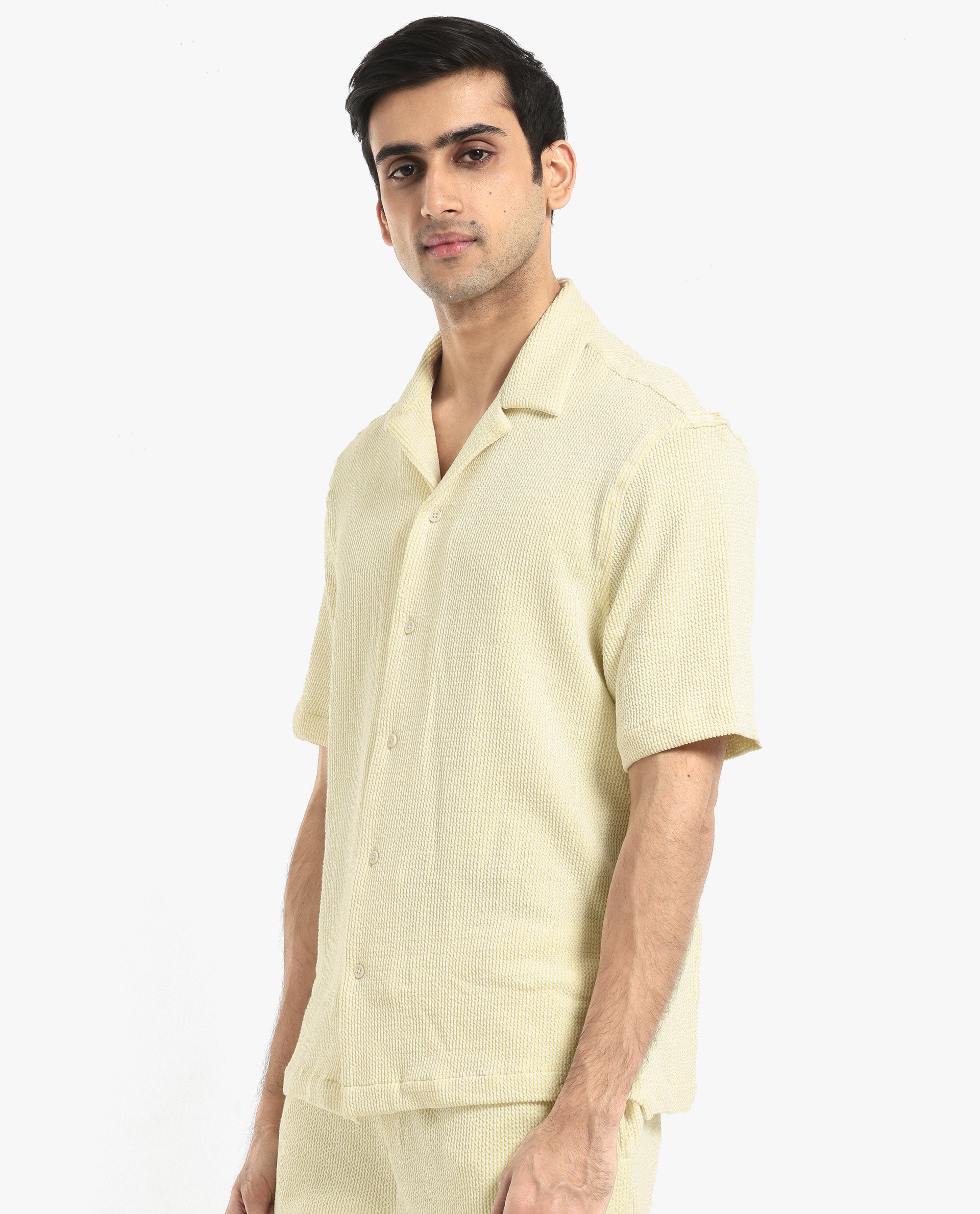 Rare Rabbit Men's Zavet-S Yellow Cotton Polyester Fabric Short Sleeves Cuban Collar Boxy Fit Self Stripe Textured Shirt