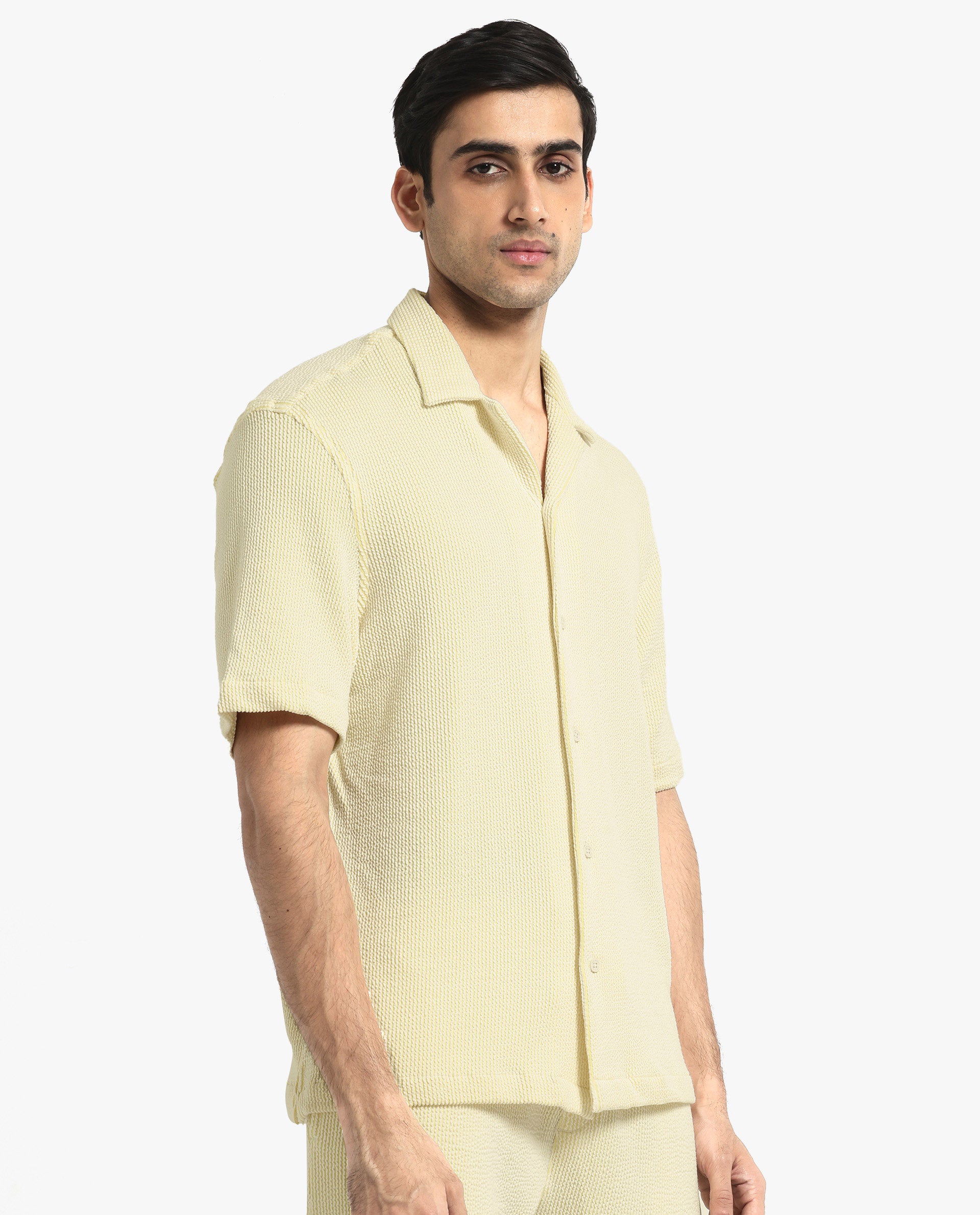 Rare Rabbit Men's Zavet-S Yellow Cotton Polyester Fabric Short Sleeves Cuban Collar Boxy Fit Self Stripe Textured Shirt