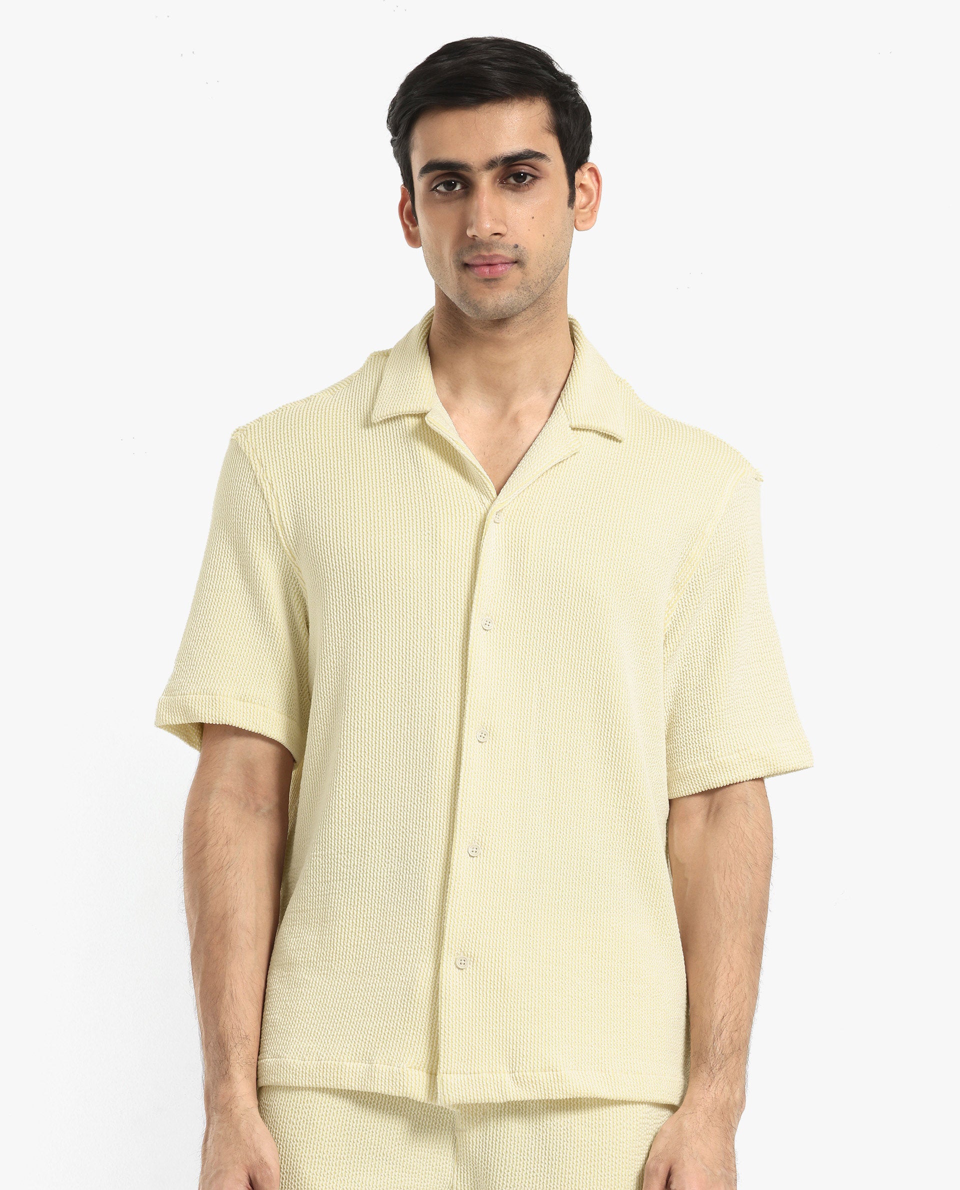 Rare Rabbit Men's Zavet-S Yellow Cotton Polyester Fabric Short Sleeves Cuban Collar Boxy Fit Self Stripe Textured Shirt